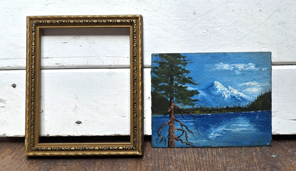 Vintage Mountain Lake Landscape Original Painting Art Deco Wood Frame 5″ x 4″