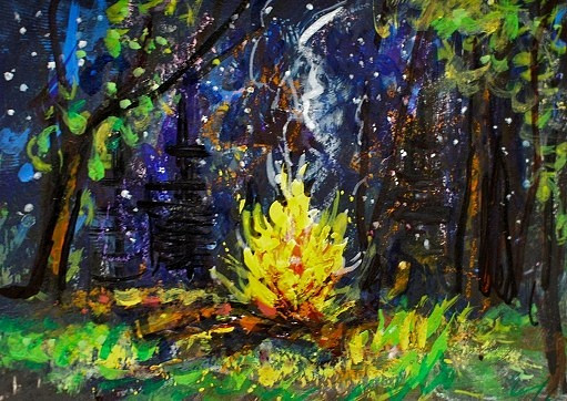 ORIGINAL ACEO Painting CAMPFIRE Night Fire TREES Woods Bonfire Camping ATC ART