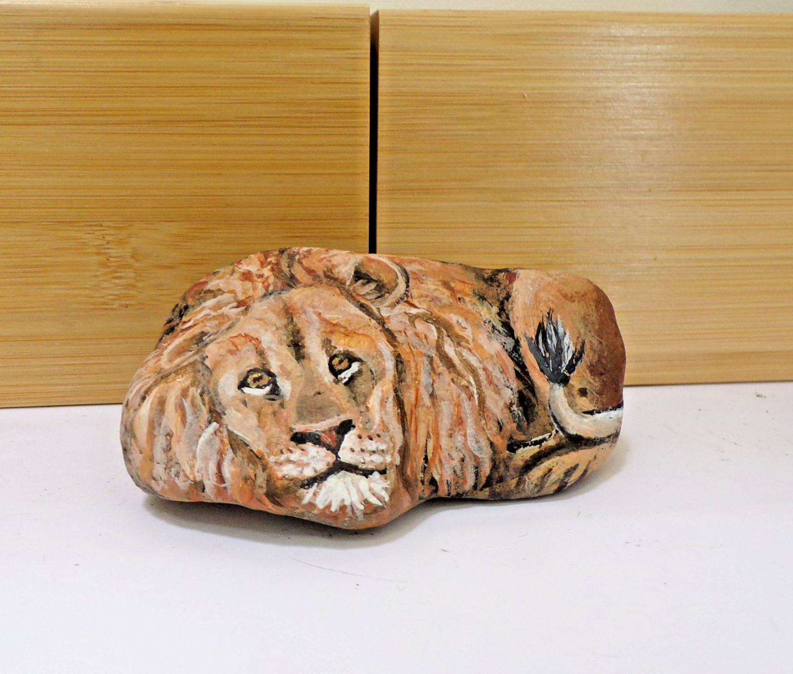Lion Stone hand painted Rock original art signed by Manuela Quick