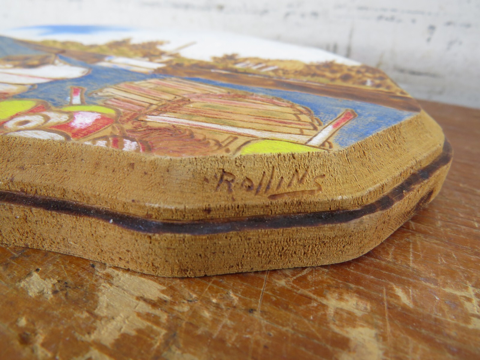 vtg Original Wood Burning painting Cargo Boats – 7.5″x5″x.75″ Leonard Rollins