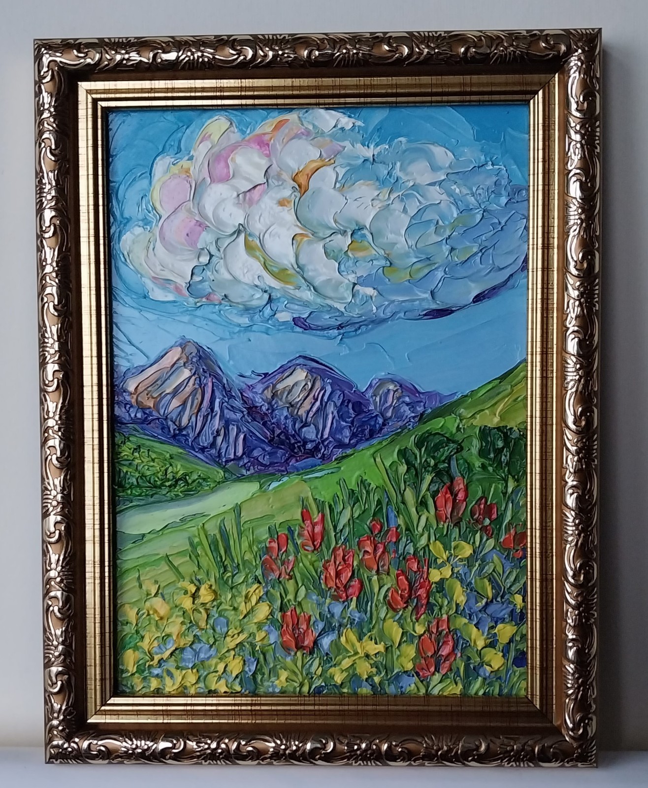 Framed Rocky Mountain Red Flowers Landscape 5×7” Impasto Oil Painting Original