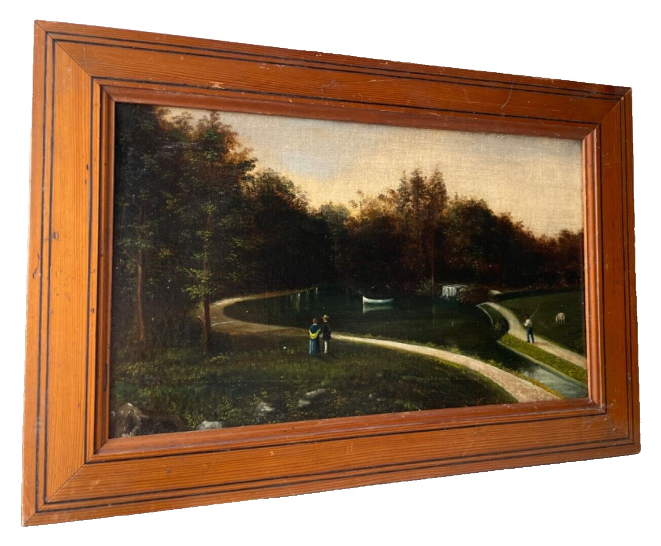 Antique French Naive Art – Oil on Canvas 1870’s – Gallant Scene around the Lake