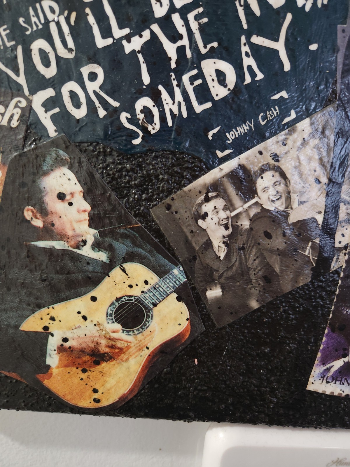 Large Johnny Cash Acrylic Paintin Collage Art. Heavily Textured & Burned! 16X20
