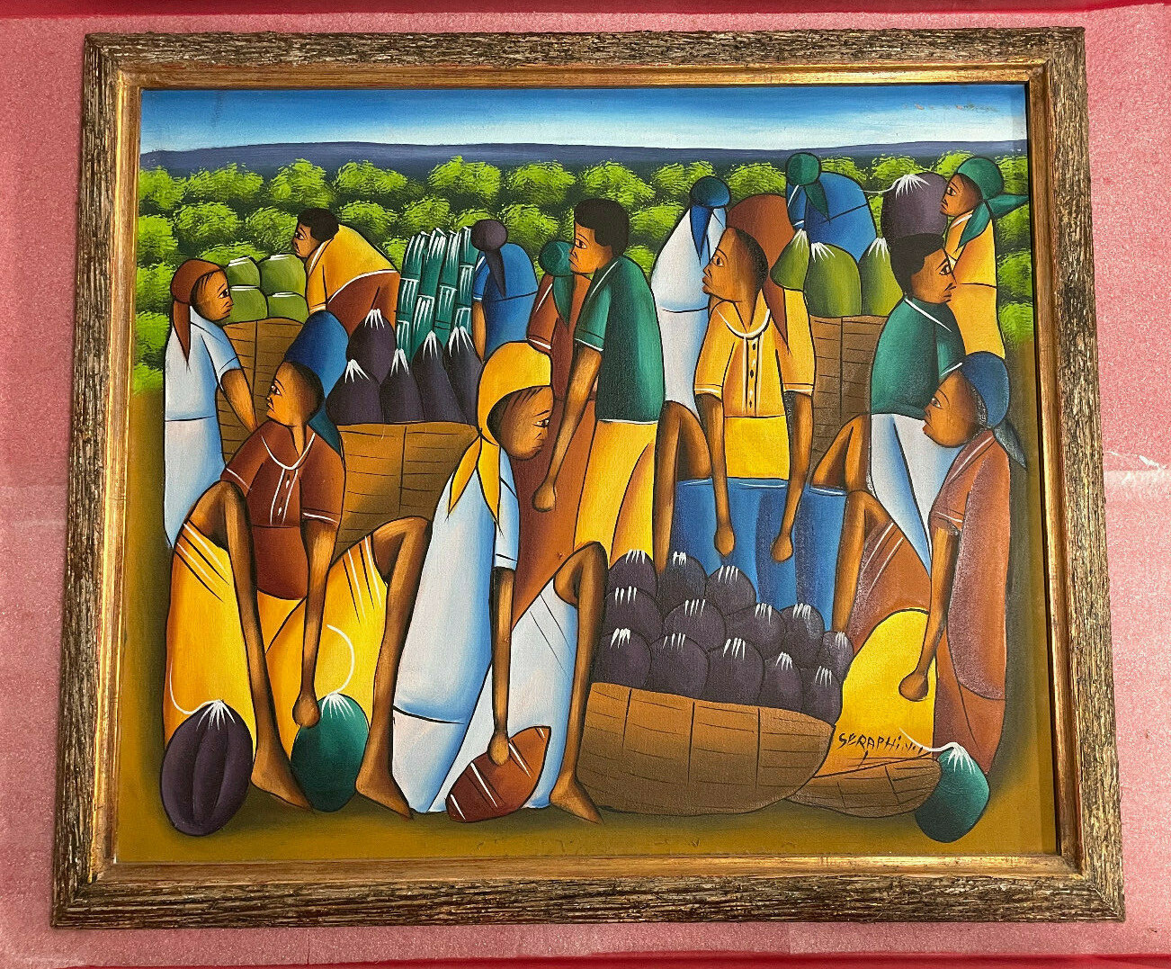 Haitian Marketplace Oil Painting – Original Folk Art – Women Men With Sad Faces