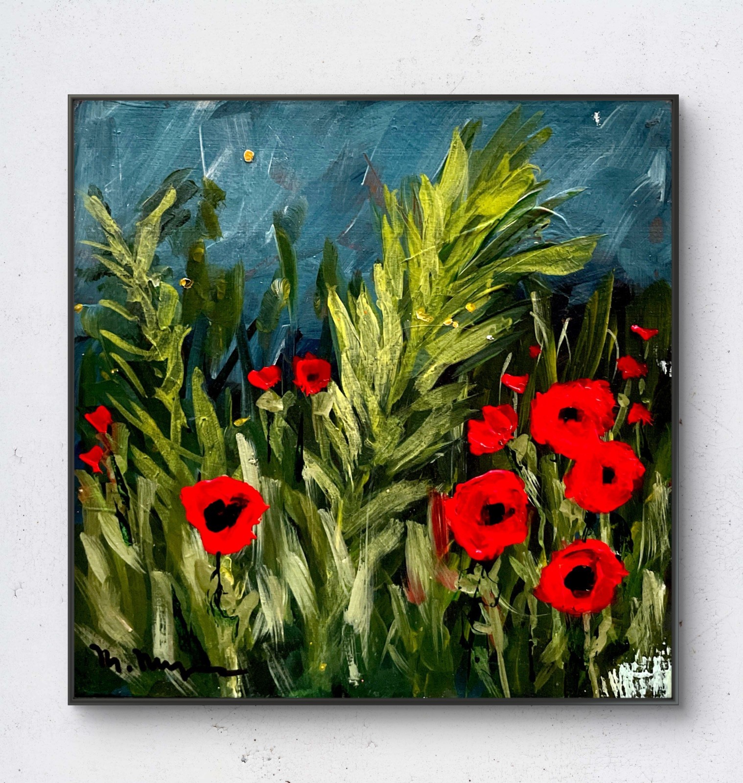 Red Poppy Meadow Textured Painting Original Hand Painted on wood cradled panel