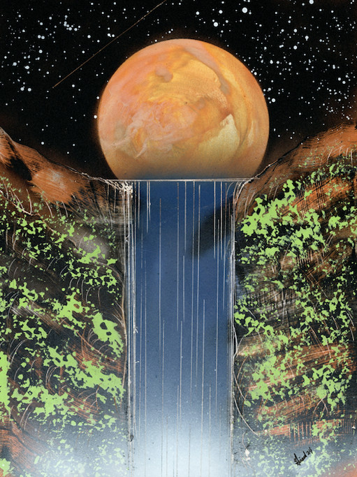 Original Painting with Waterfall Moon and Vegetation at Night signed by Girard
