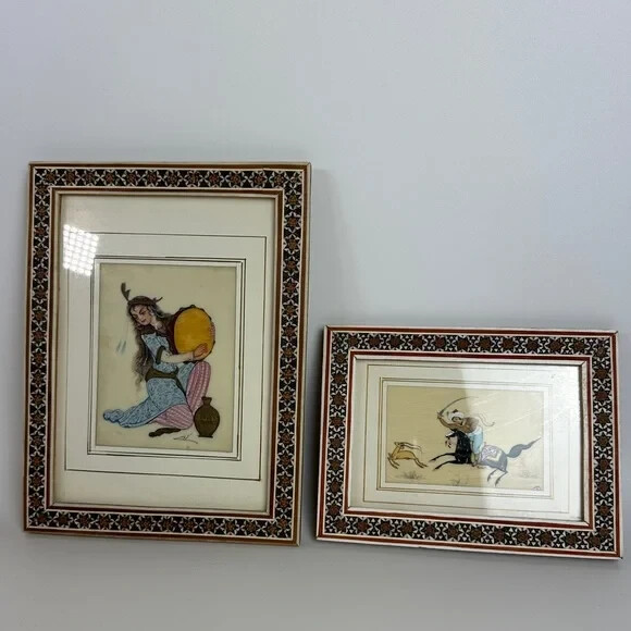 VTG Persian Camel Bone Art Mosaic Framed Art Set of 2 Beautiful