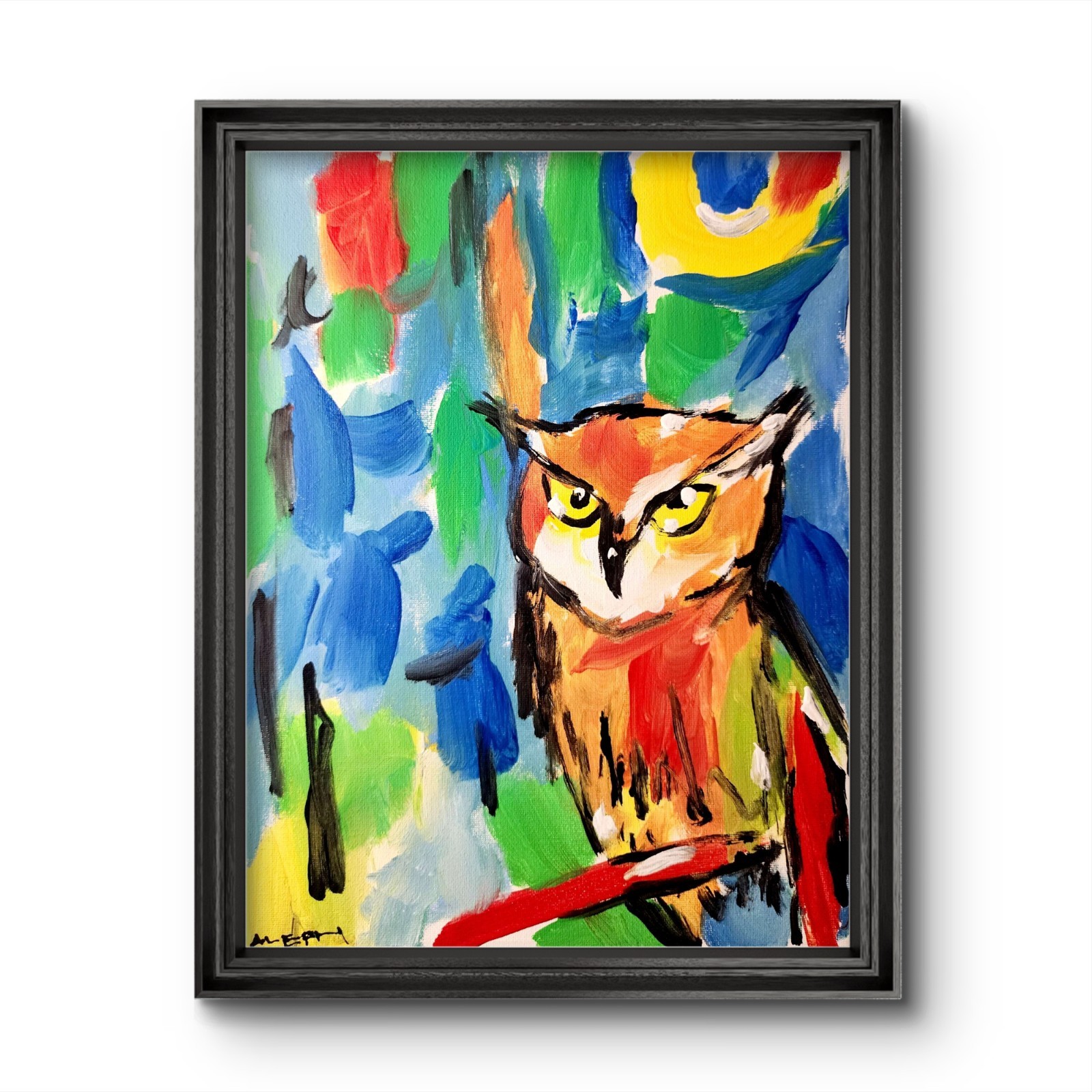 Original Owl Painting Abstract Expressionist Canvas 14×11 Bird of Prey Wall Art