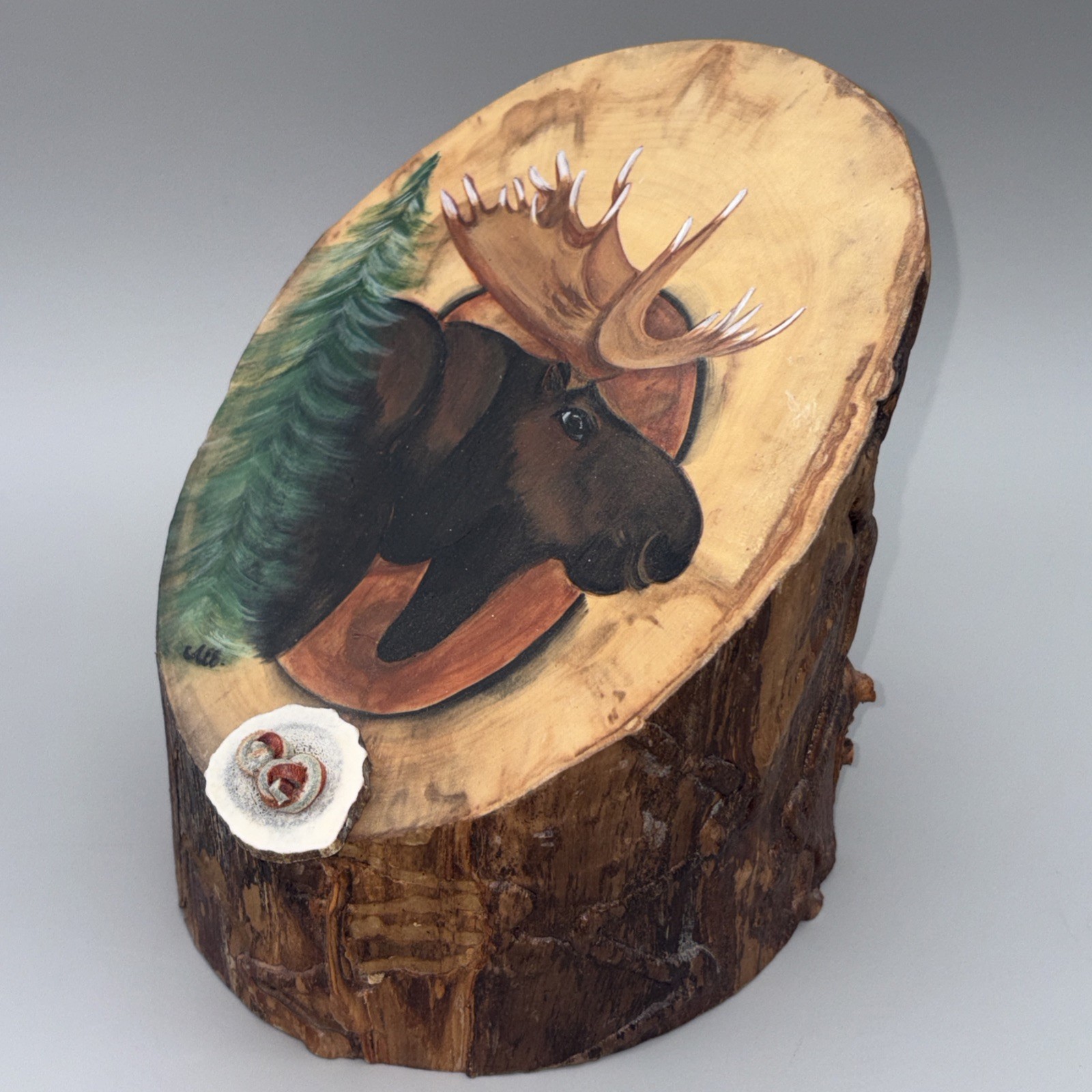 Signed AEE Hand Painted ‘Moose on Aspen Wood’ Slant Wedge Elk Antler Button Vtg