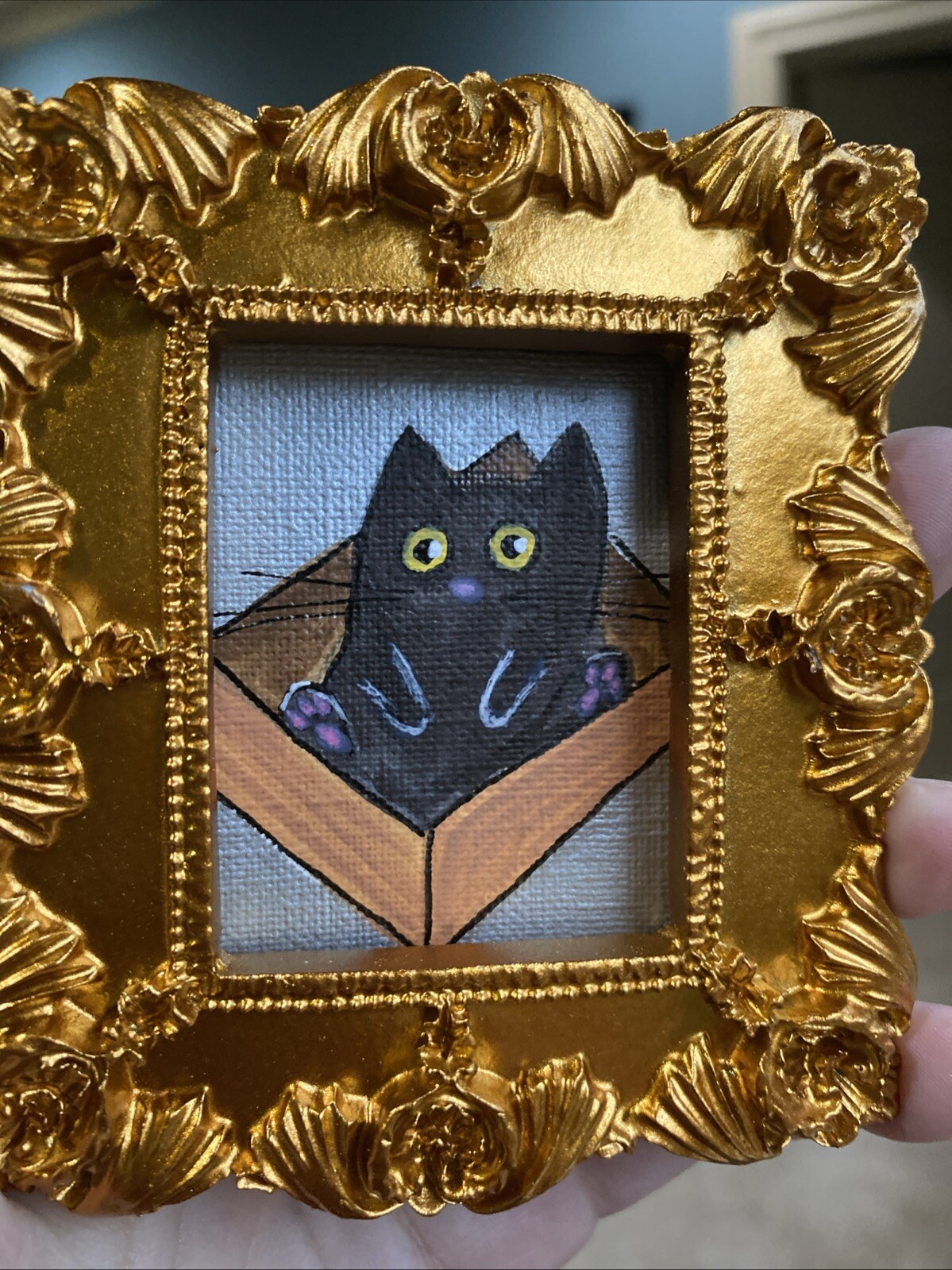 3/3,5 Black Cat In The Box, Painting On Paper,framed,cute,funny,miniature,