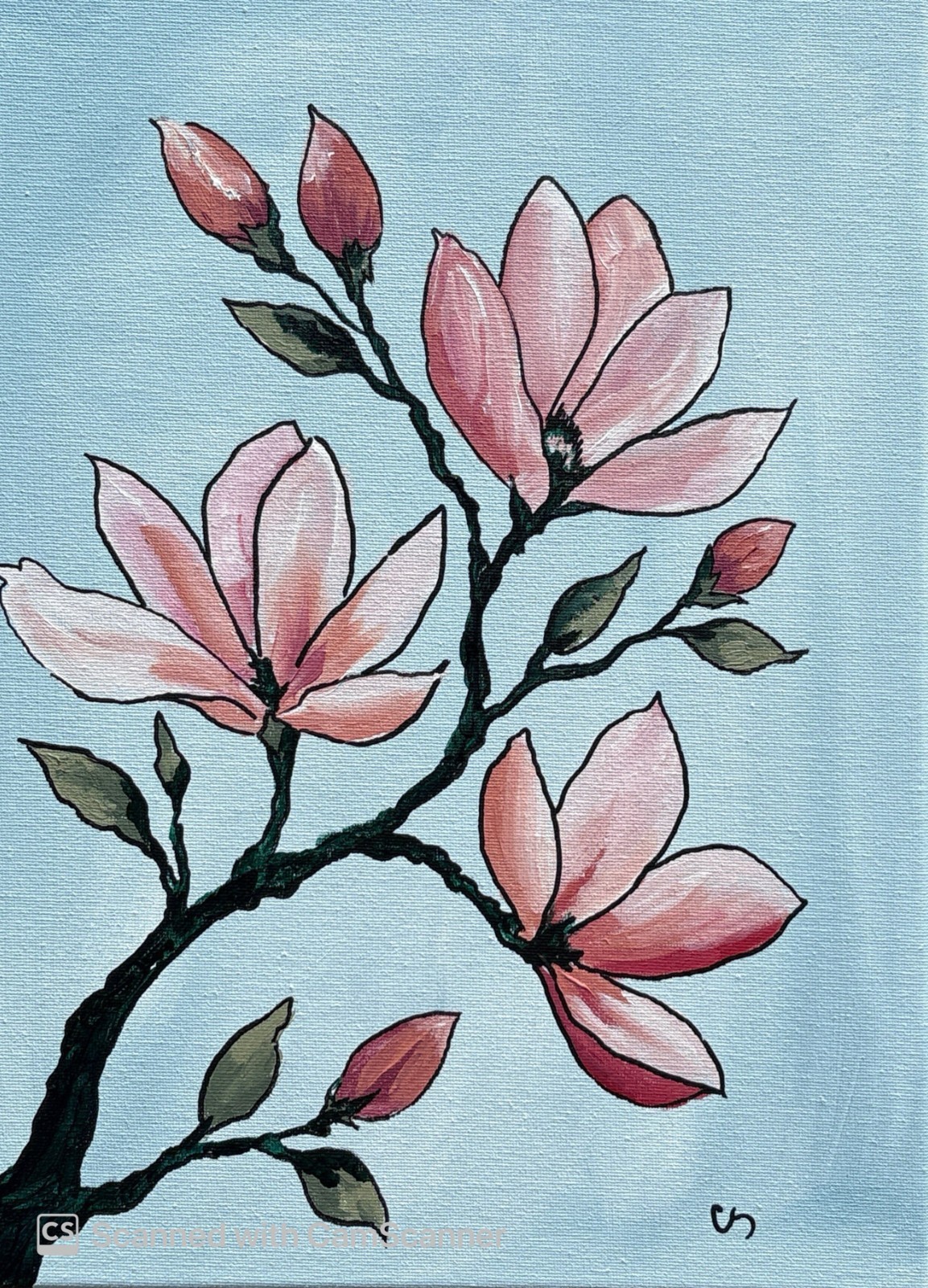 Blush Pink Magnolia Branch Original Acrylic Painting 11×14 Signed Canvas Art