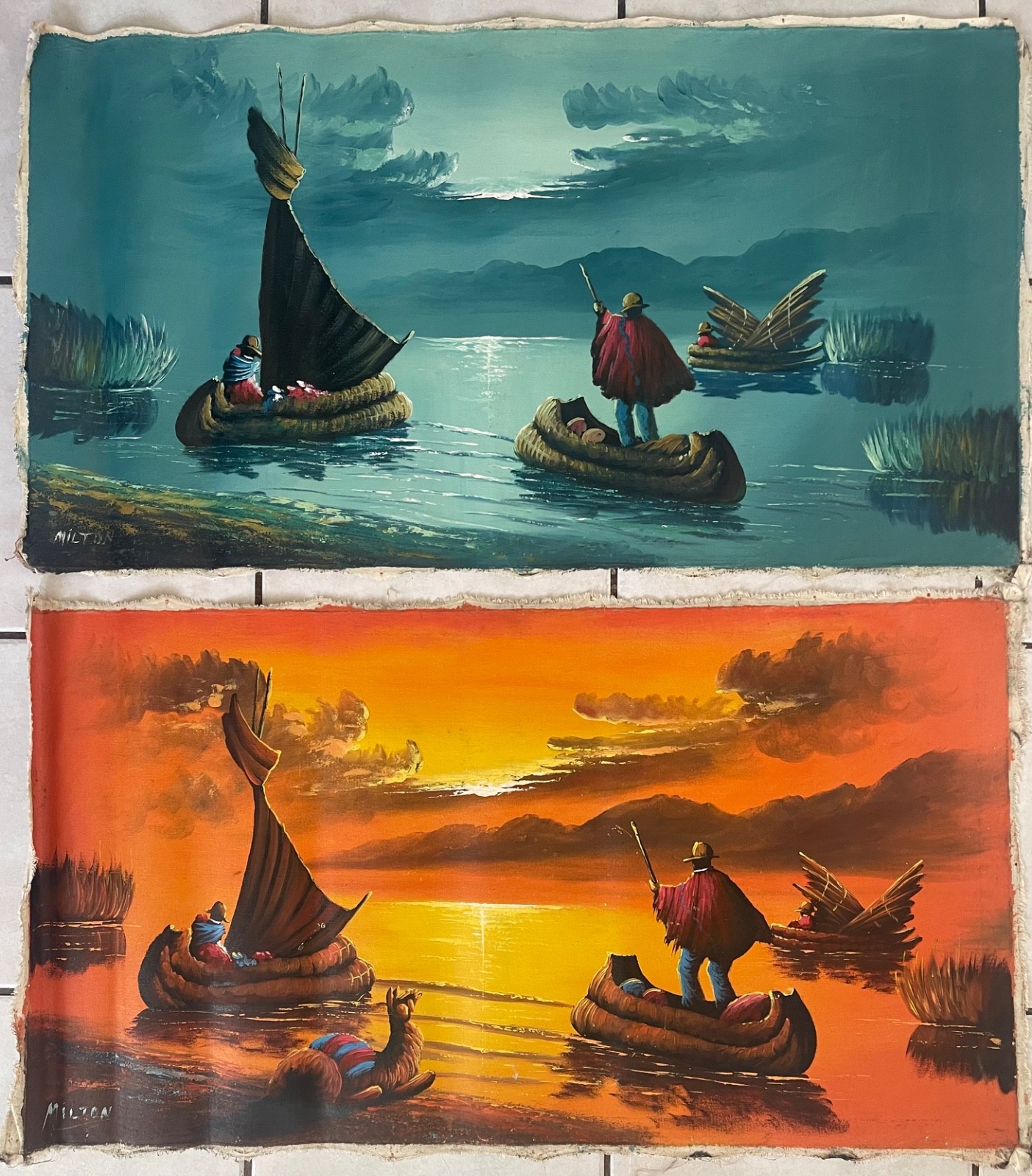 Old Painting Sunrise & Sunset on Canvas by Milton Set of 2