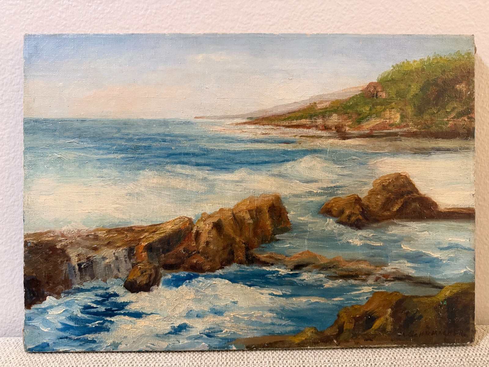 Vintage Original Oil Painting on Canvas Seascape Signed M. Schumacher Landscape