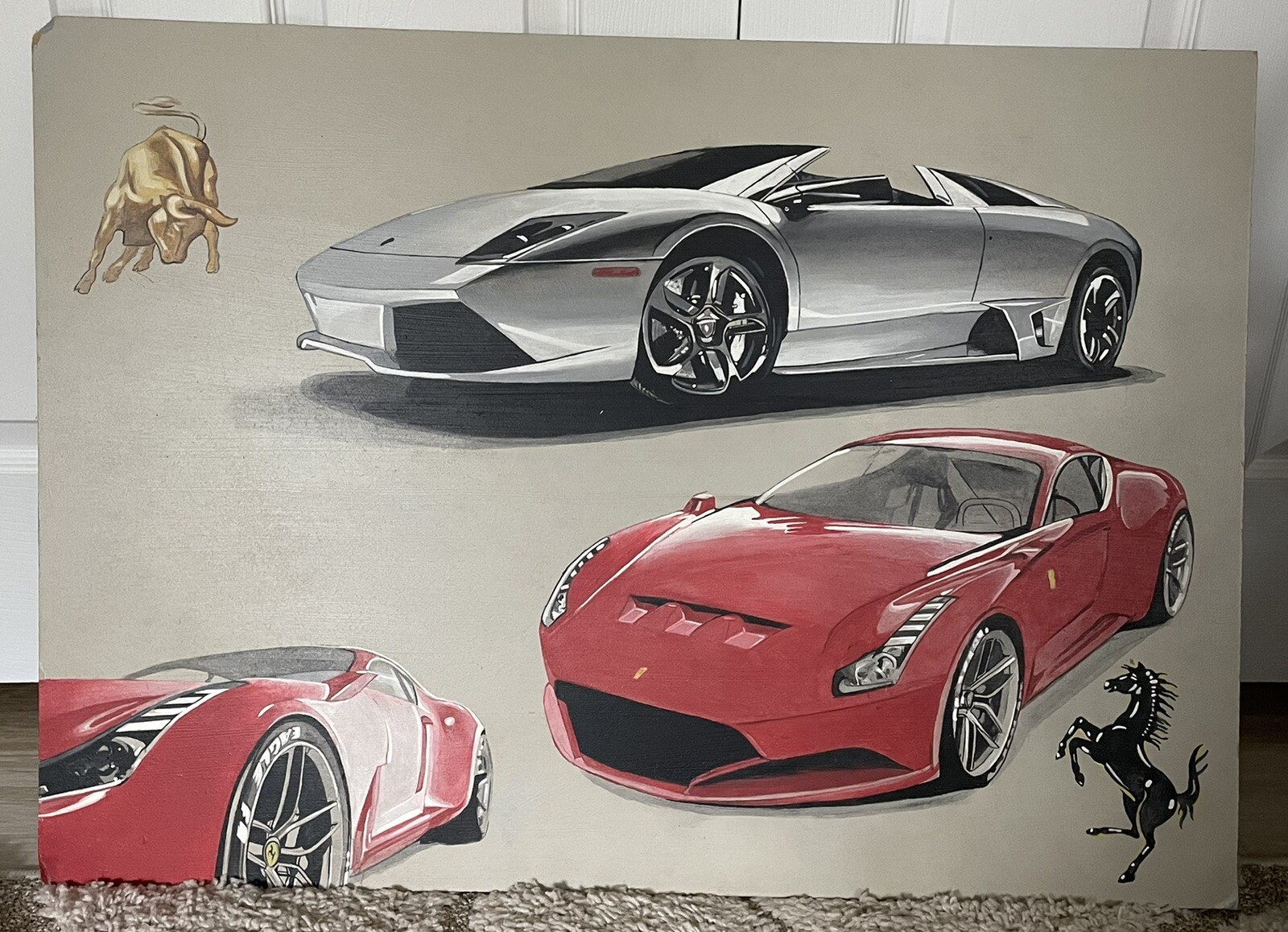 Original Painting Of Exotic European Sports Cars 24 x 34”