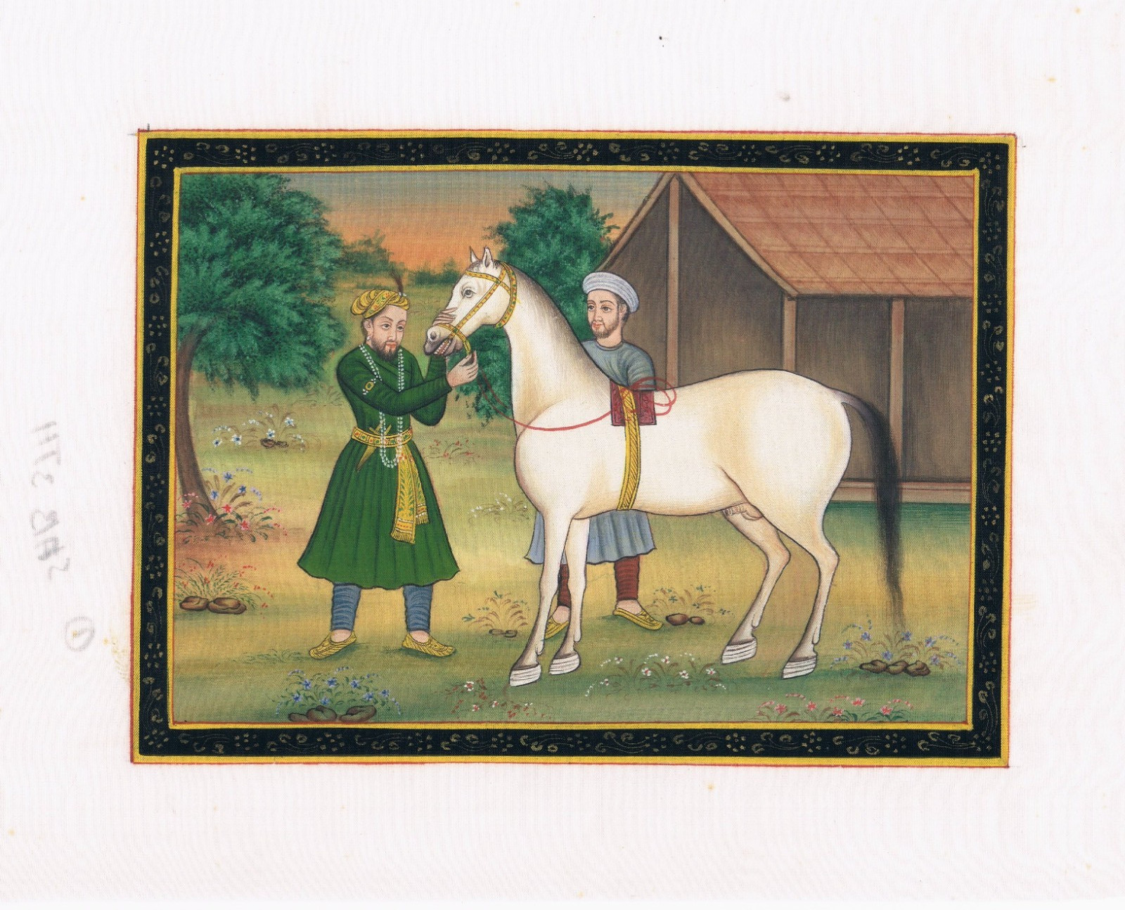 Mughal Miniature Painting of Royal Figure interacting With A White Horse 8.5×6 «