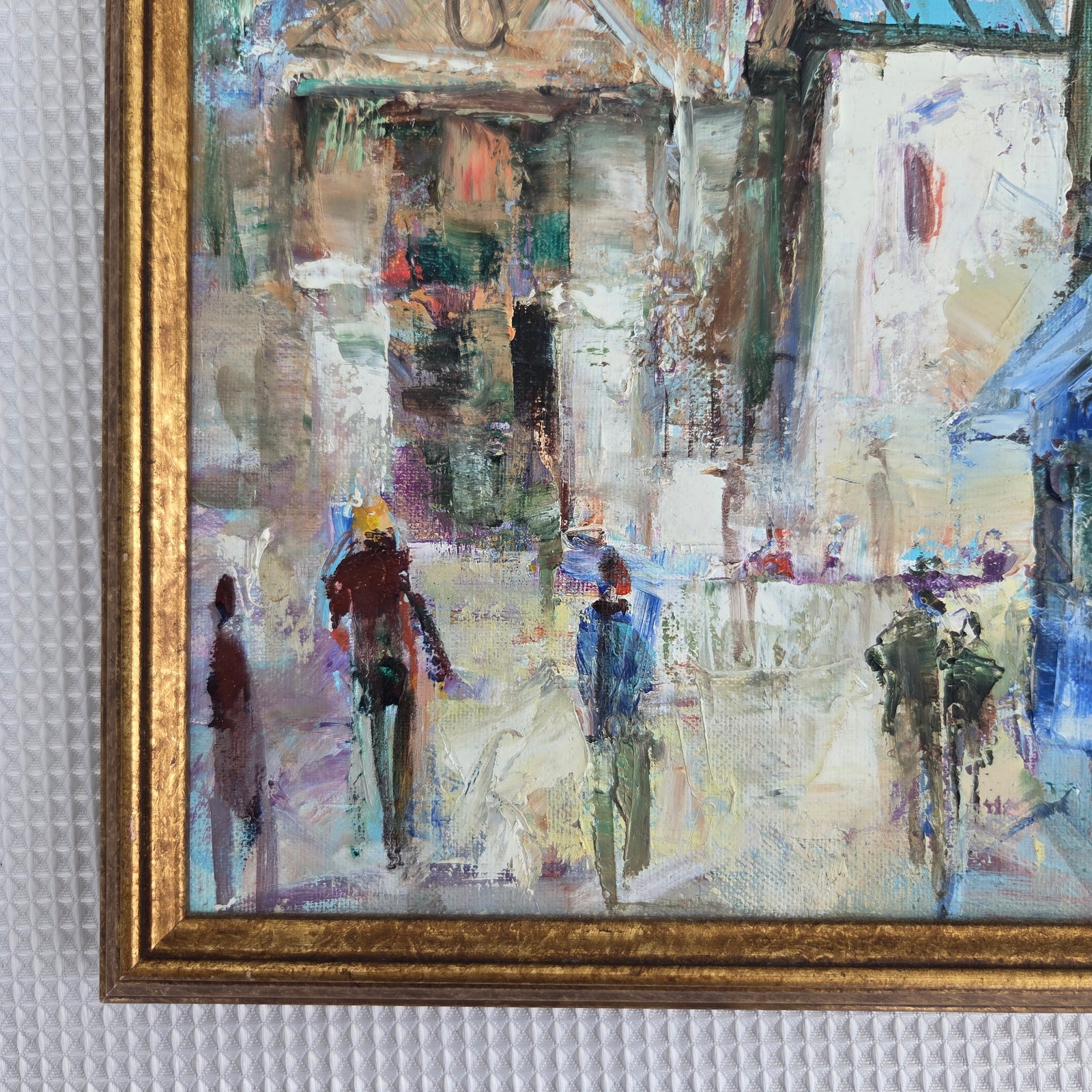 Vintage Abstract Original City Scape Blue Gold Oil Painting Art 10″ x 13″