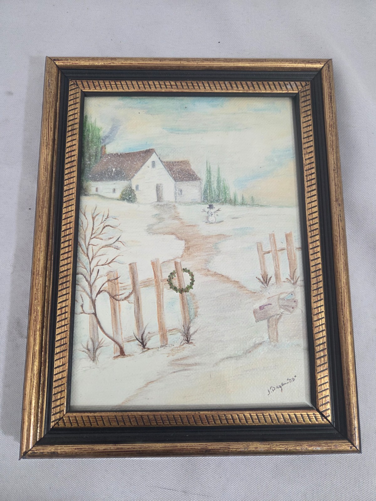 Framed Winter Landscape Art Signed J. Degen ’03 Snowman Farmhouse Holiday Decor