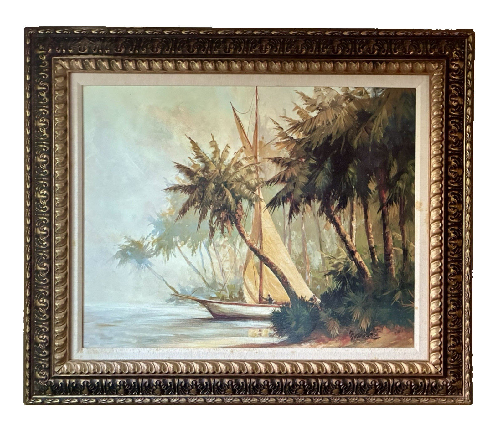 Large Framed «LEAVING OUT» Tropical Boat Textured Artboard Print by Malarz