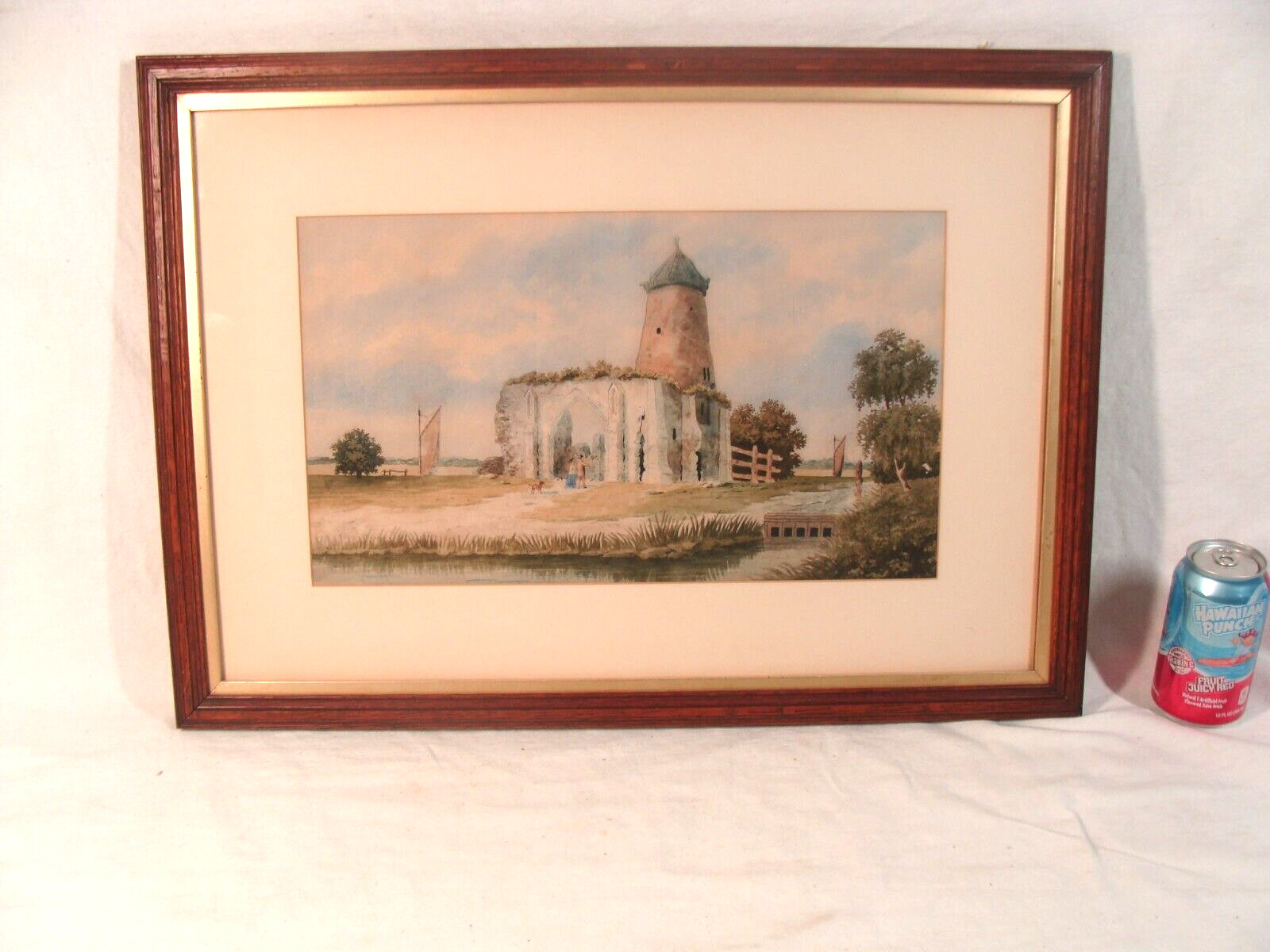 Antique 19C Building W/ Figures & Dog Landscape W/C Painting