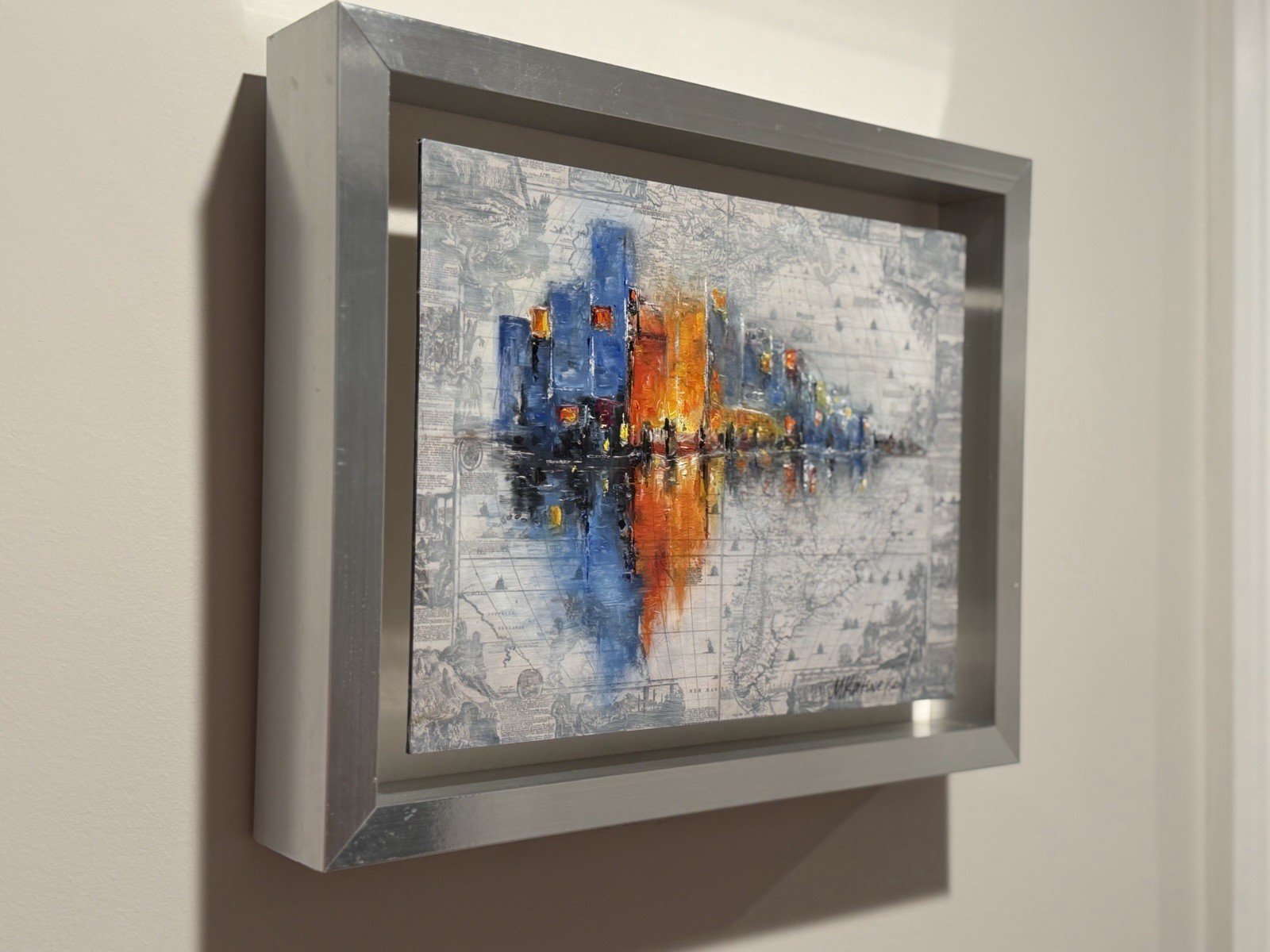 Urban Reflection-abstract Cityscape Oils In Aluminum Map Image, Framed 11”x14”
