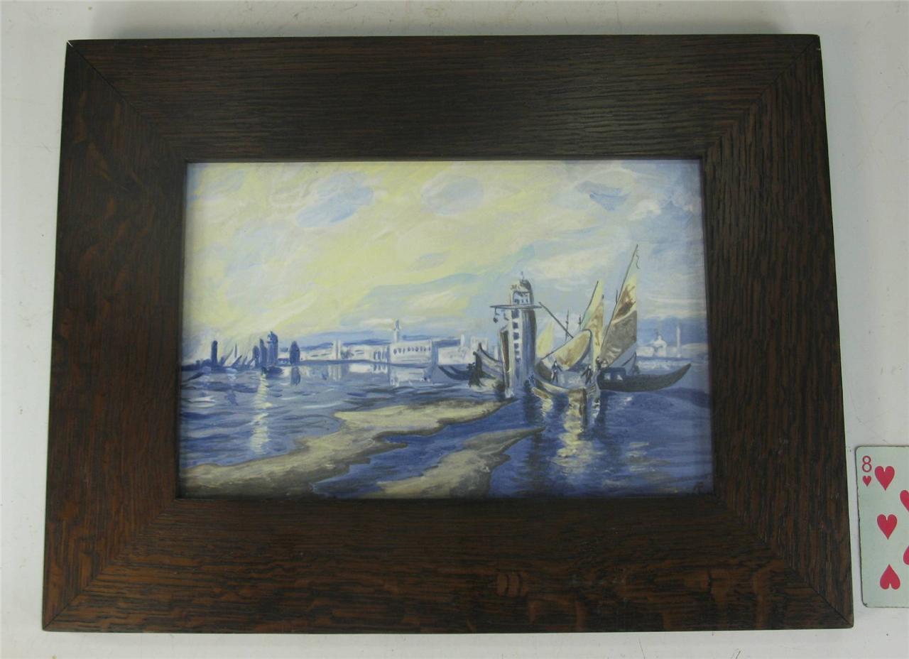 Harbor Scenic Hand Panted Tile Plaque Oak Framed Arts Crafts Richard Freiwald