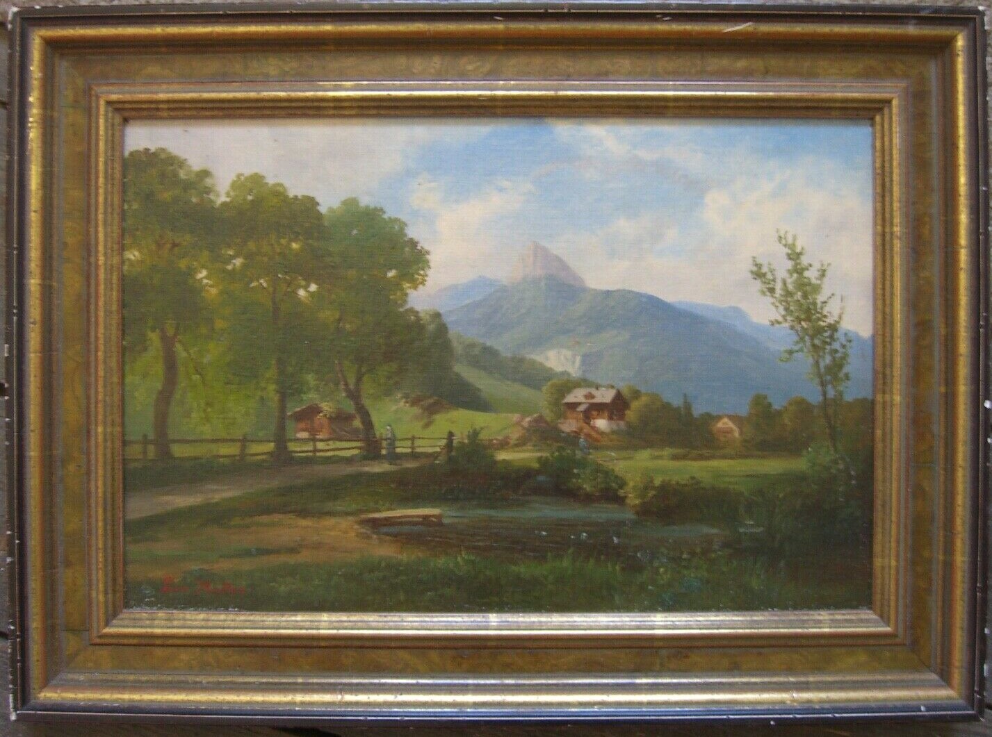 ::ROMANTIC CIRCA 1860 LANDSCAPE FOOTHILLS OF THE Alps oil painting antique frame signed miller