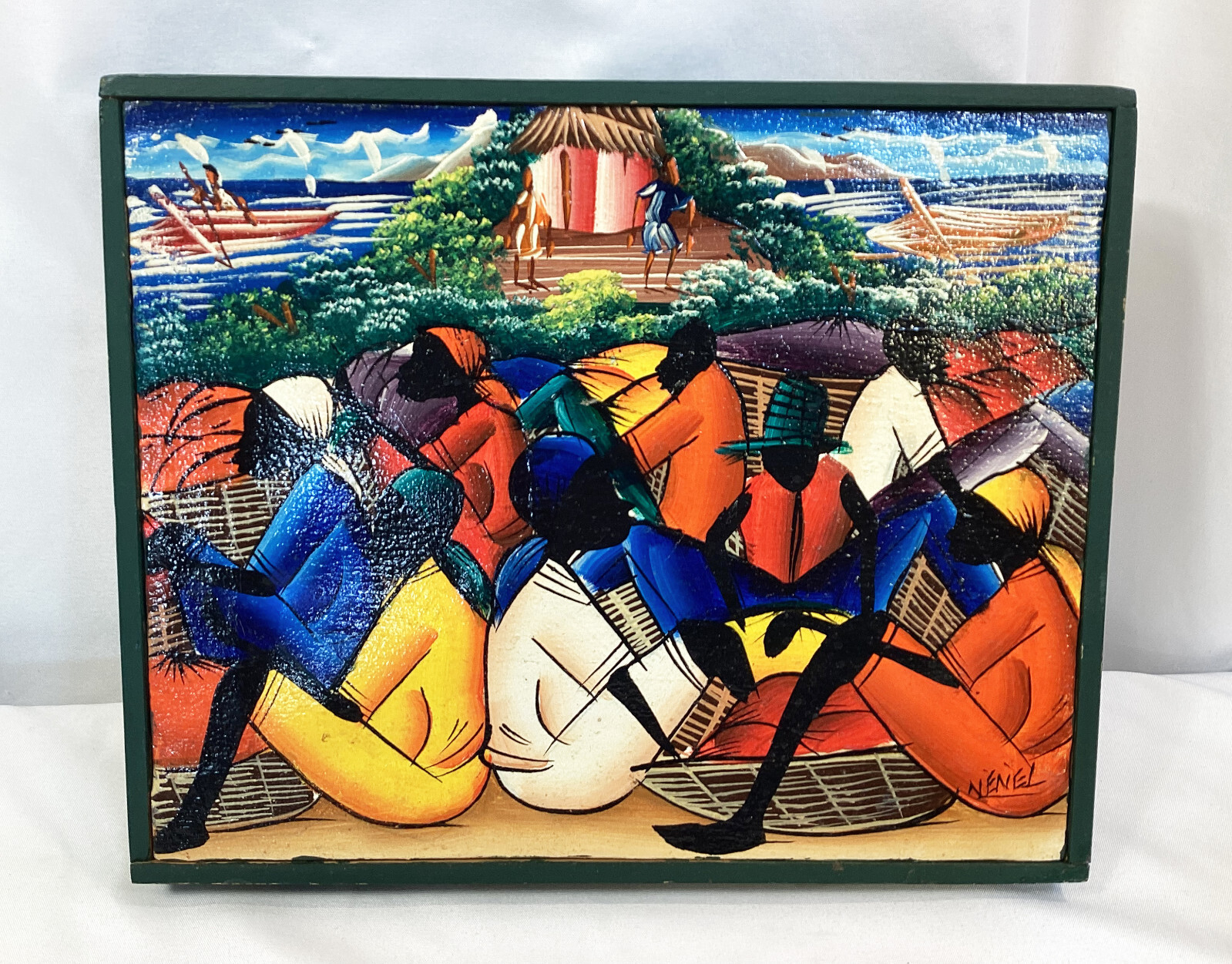 Nenel Haitian Artist Original Painting On Canvas Market place and ocean 10×9