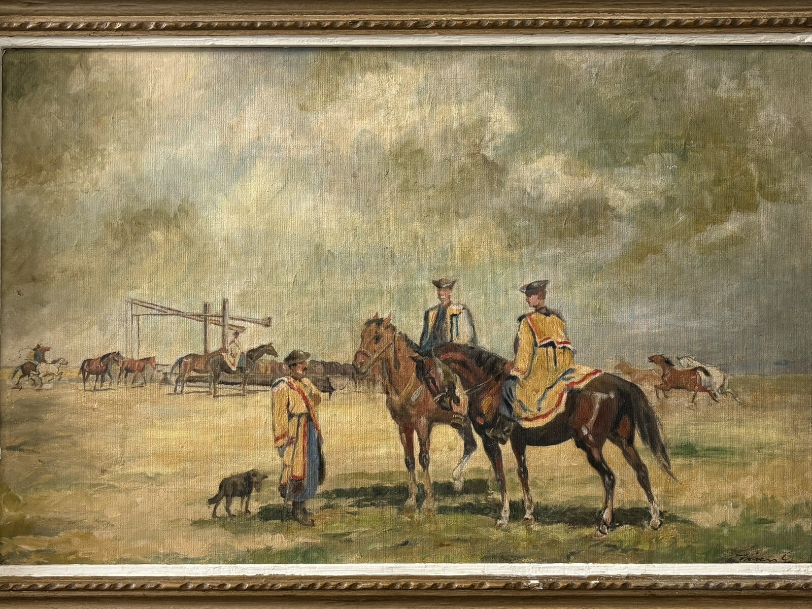 🔥 Fine Antique Old West Brazilian GAUCHO Cowboy Horses Oil Painting, 1950s