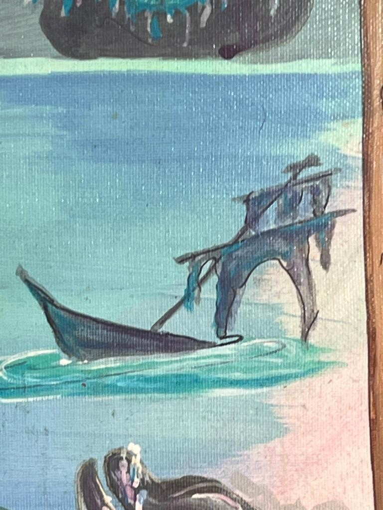 Vintage Nautical Coastal Beach Landscape Seascape Oil Painting Mermaid Dolphins