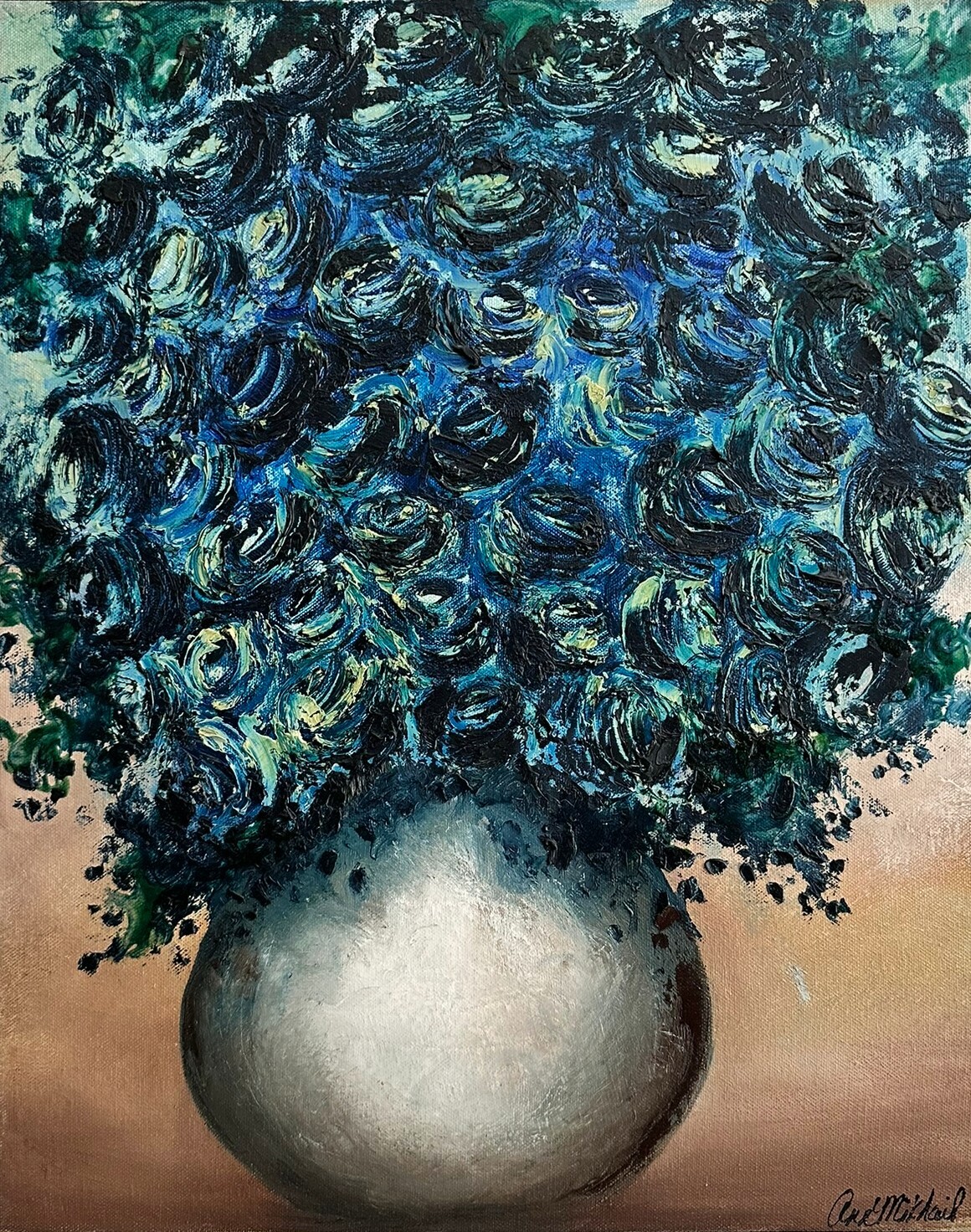 Oil Painting Contemporary Abstract Blue Flowers in Vase on Canvas 16 by 20 AMA