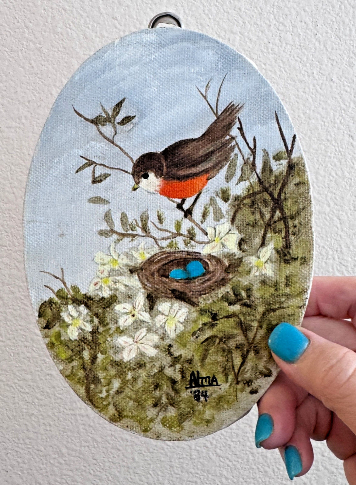 Vintage 1984 Oval Wall Hanging Canvas Handpainted ‘The Nesting Bird’ Signed Alma