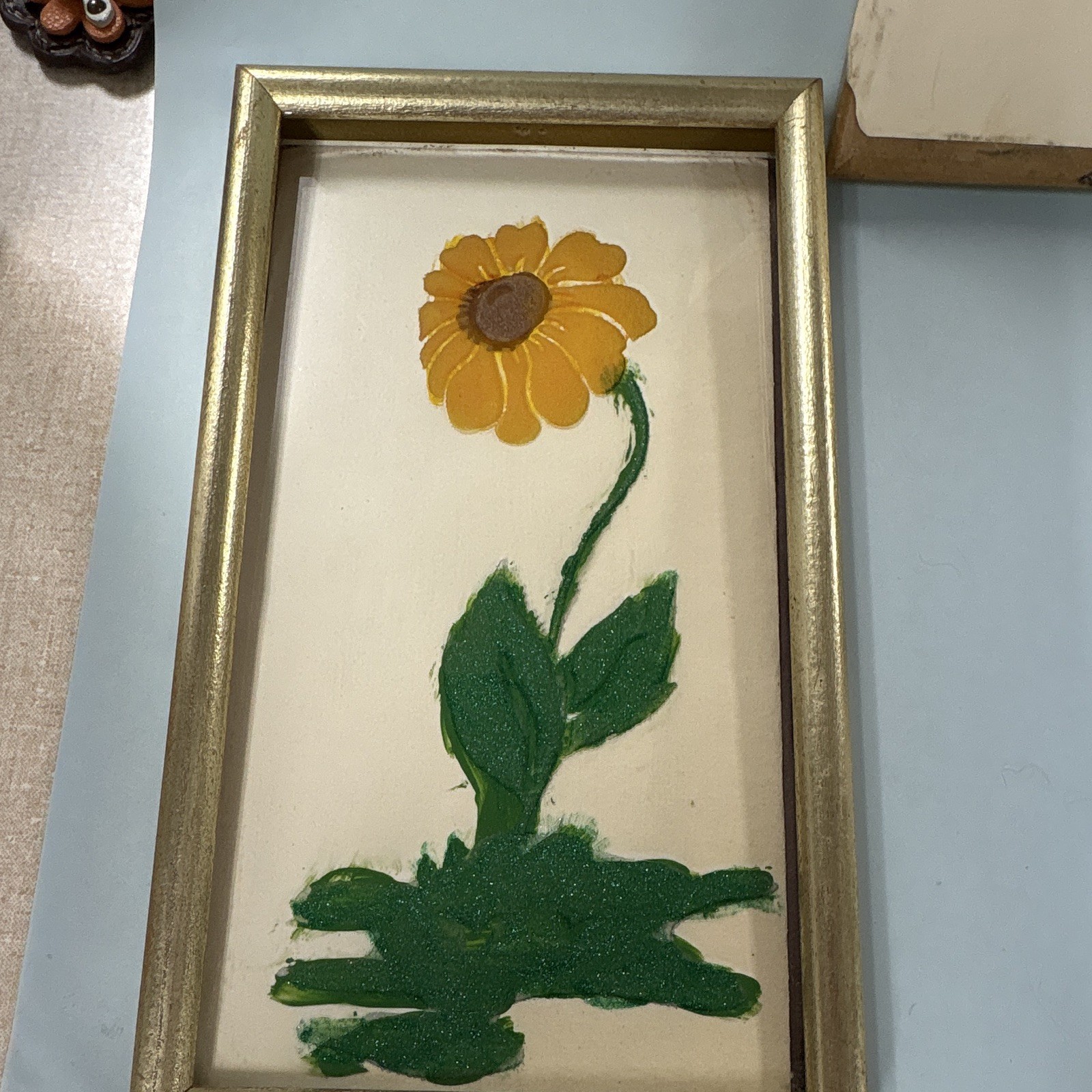 Set of 2 Framed Folk Art Floral Flower Paintings Diptych Wall Art Decor