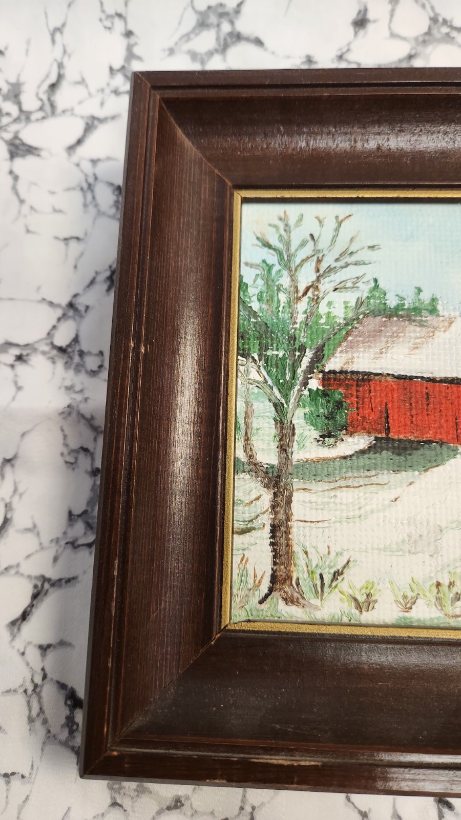 Original Artist Signed Red Barn Winter Scene Framed Picture 9″X 7″.