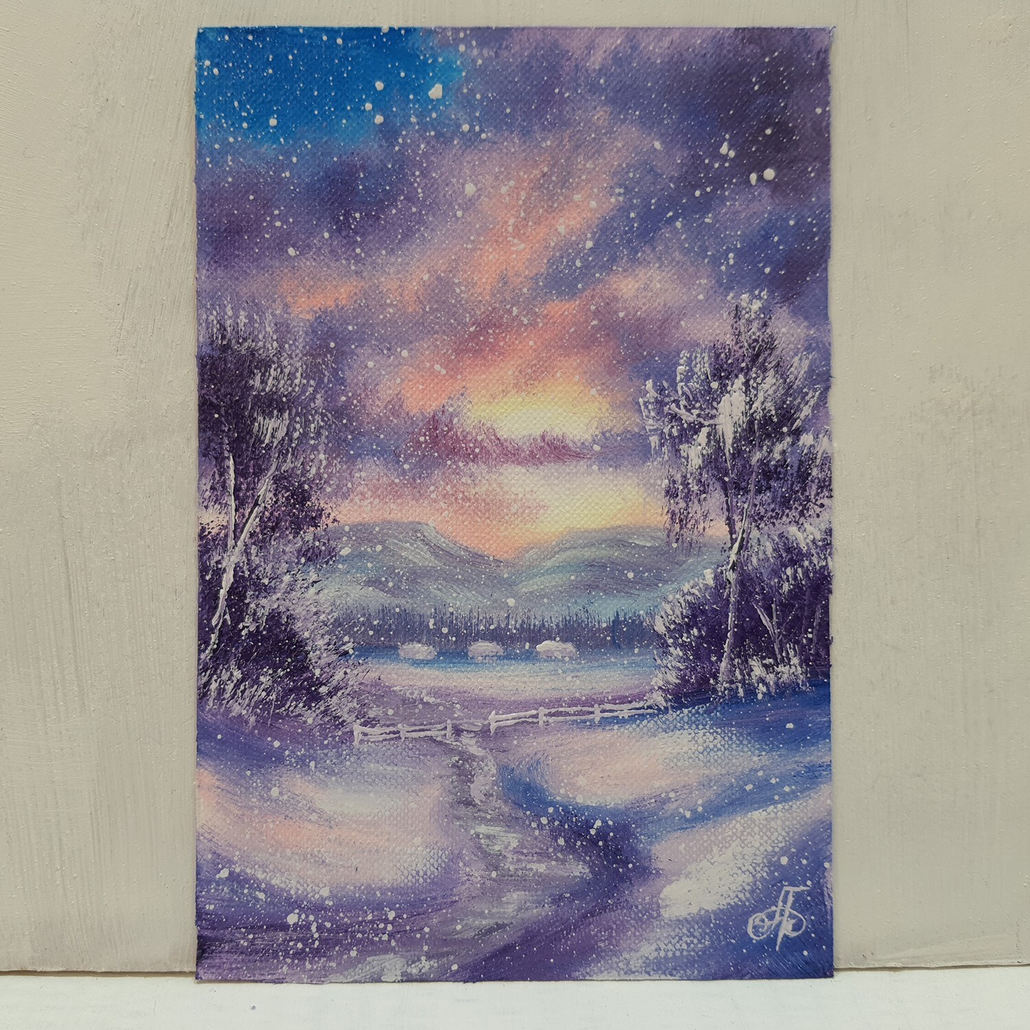 Winter Sunset Snowfall Landscape Cabins Mountains Path Holiday Decor Wall Art