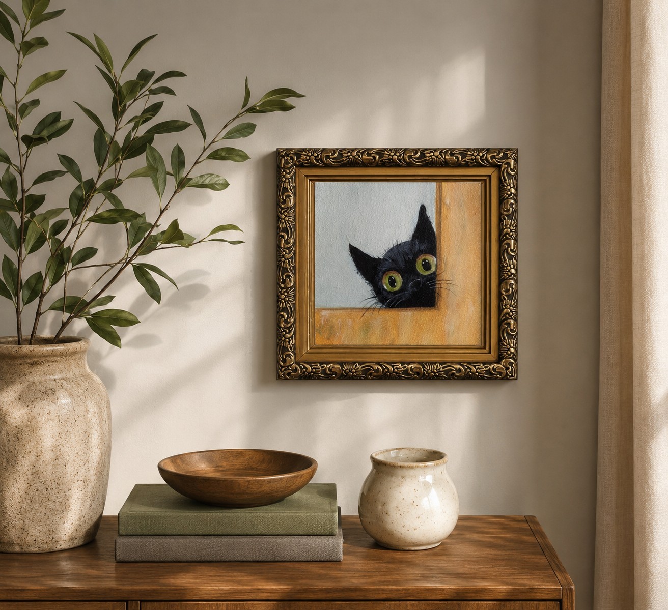 ORIGINAL Oil Painting Black Cat Handmade Miniature Contemporary Wall Art Animals