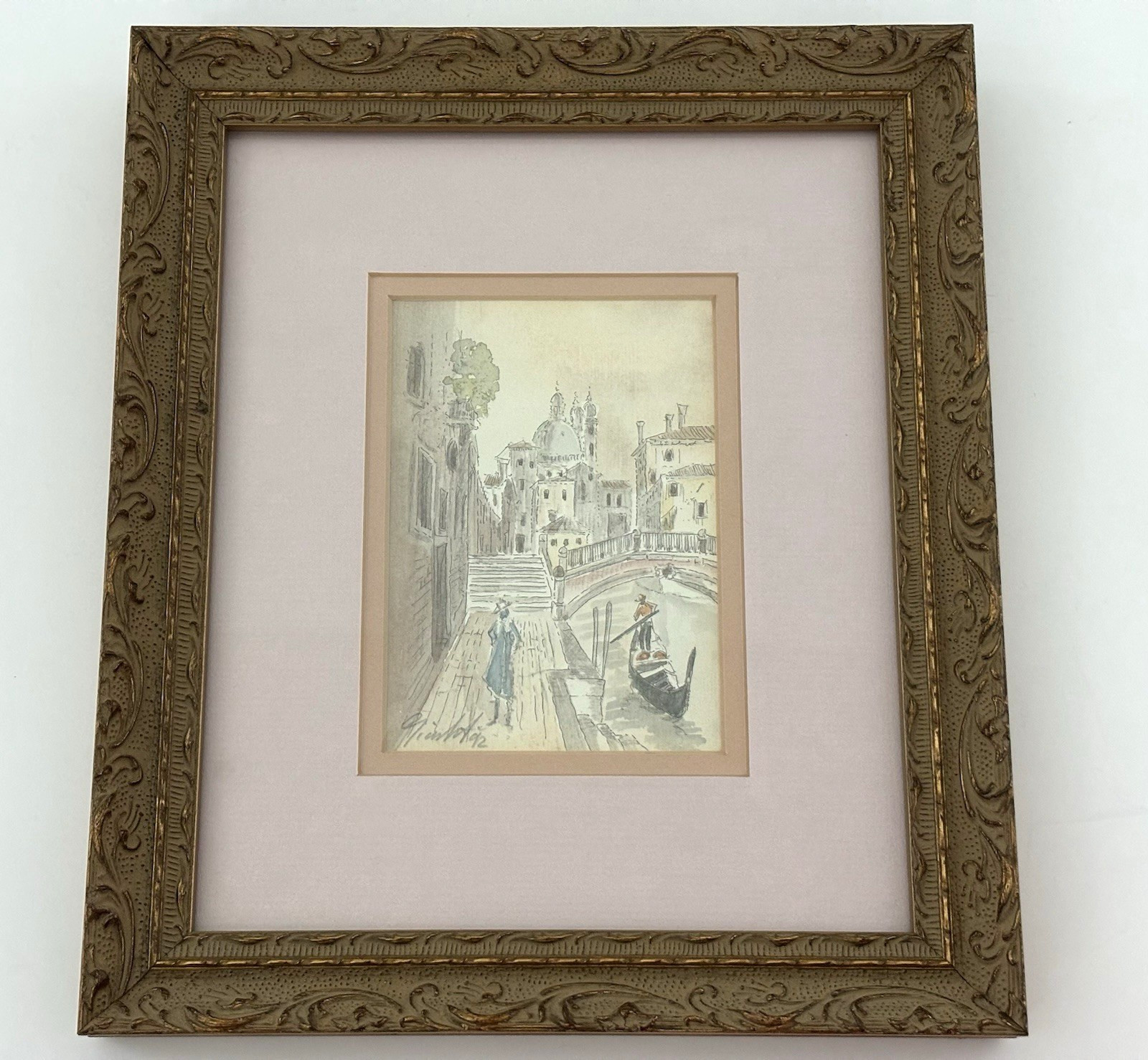Watercolor & Pen Painting Venice Canal Scene Matted and Framed 9″x 10.75″ Signed