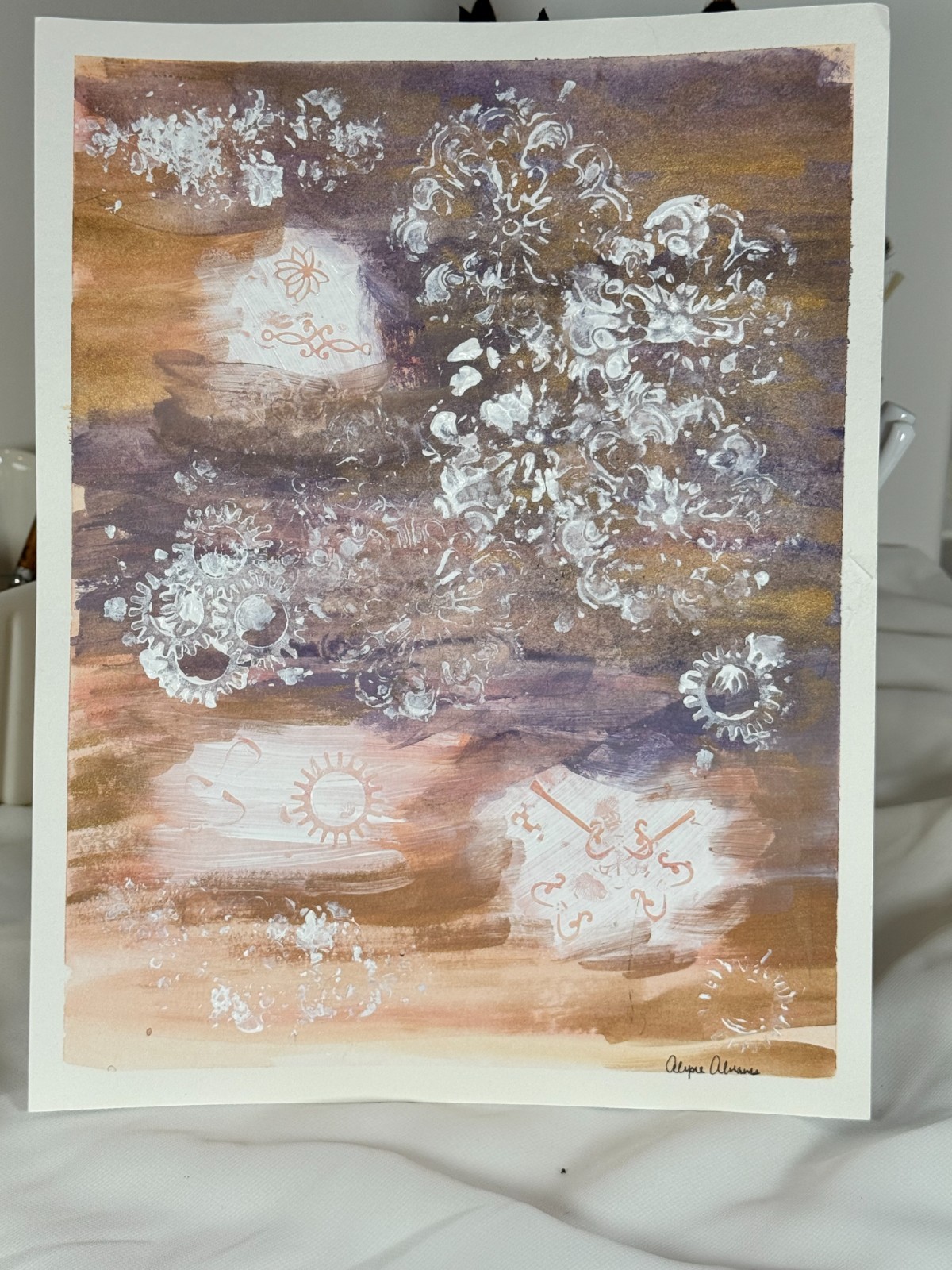 Original Abstract Watercolor Painting 8.5×11 Purple Gold Mandala Mixed Media