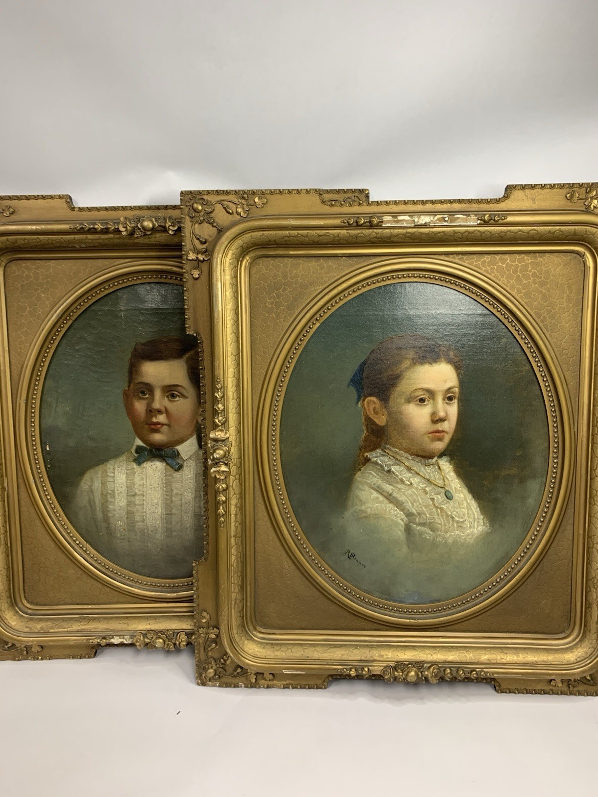 Pair Antique 1877 Oil Paintings R Strauss Signed Child Portraits Gilt Frames A29