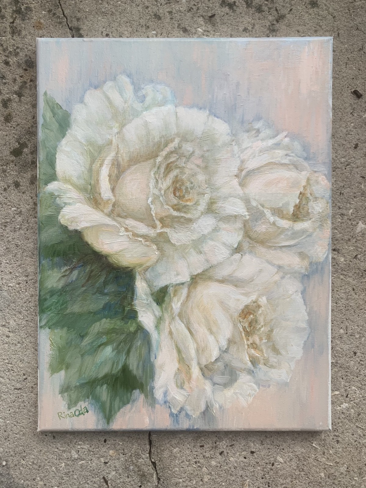 Beautiful Floral Oil Original Painting “White Roses” Handmade 12×16 inches