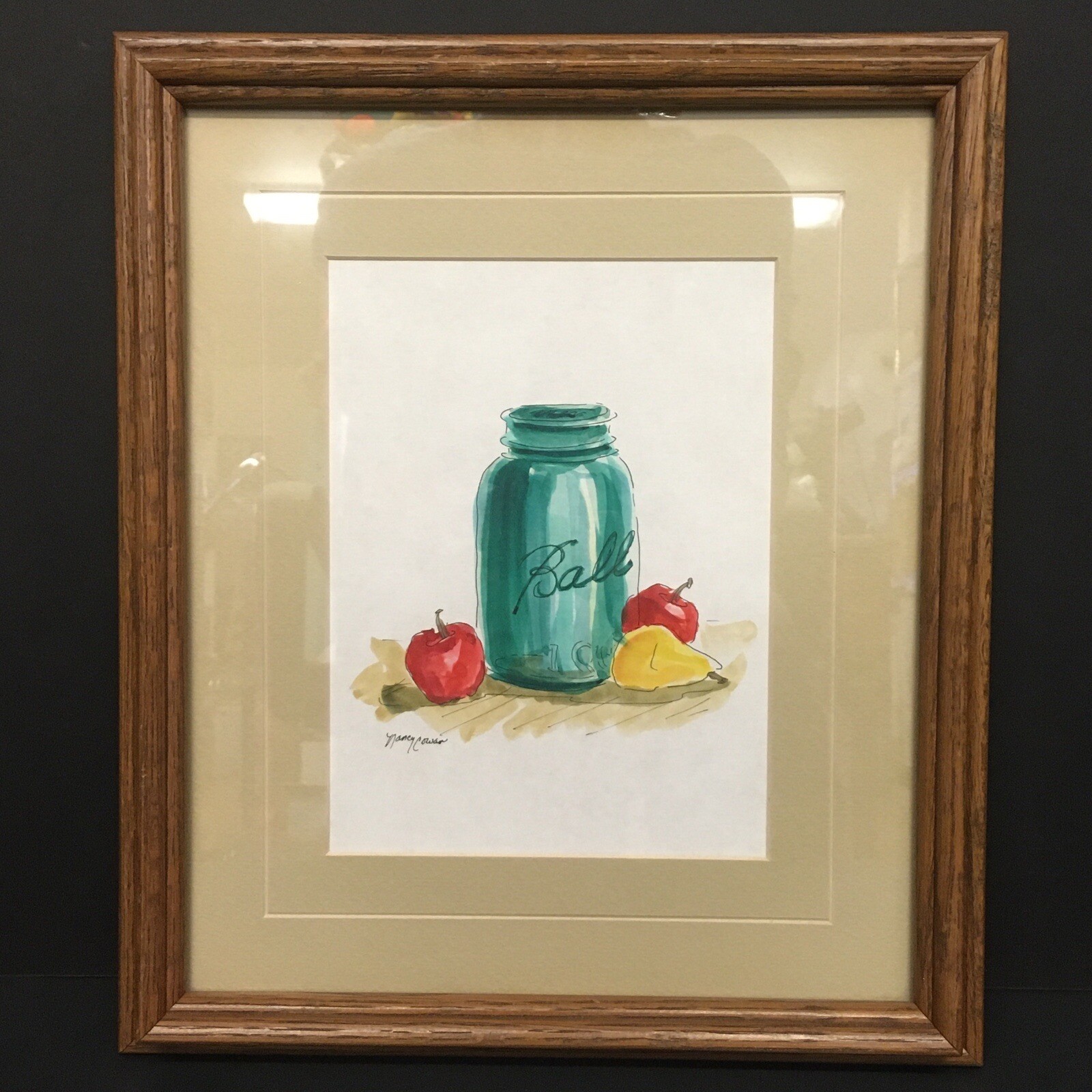Nancy Cowan Signed Matted Framed Watercolor Blue Green Ball Jar Apple and Pear
