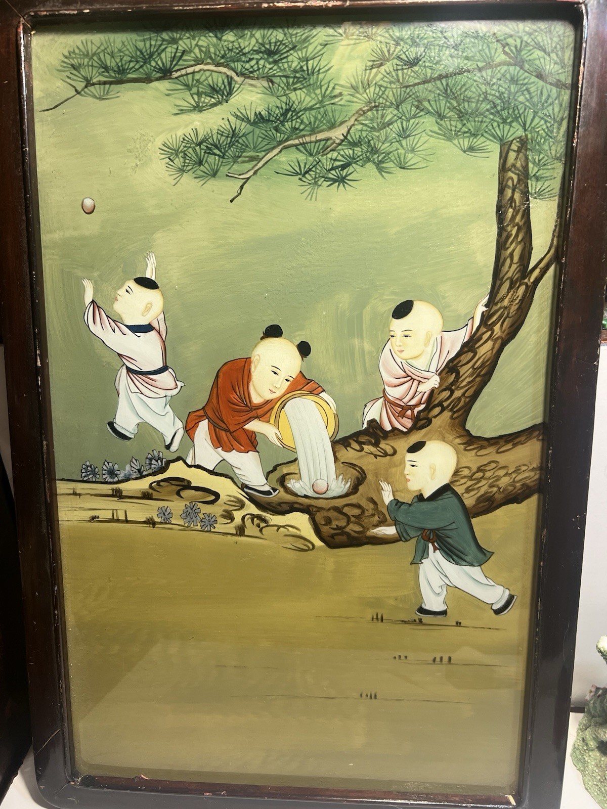 Vintage Asian Geisha Children Patio Reverse Painting Glass Wood Wall Art