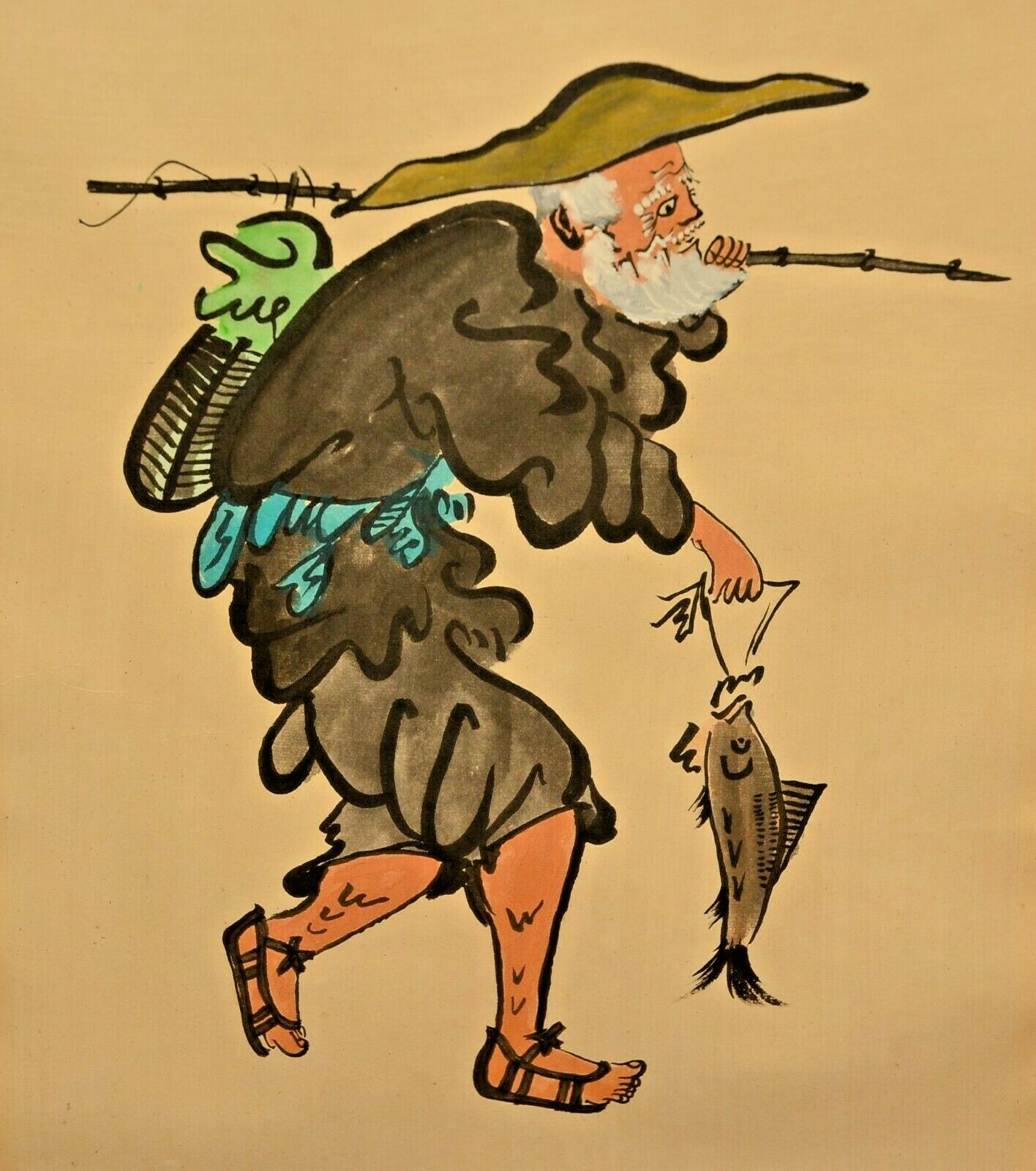 Antique Original Vintage Signed Chinese Fisherman Portrait Watercolor Painting