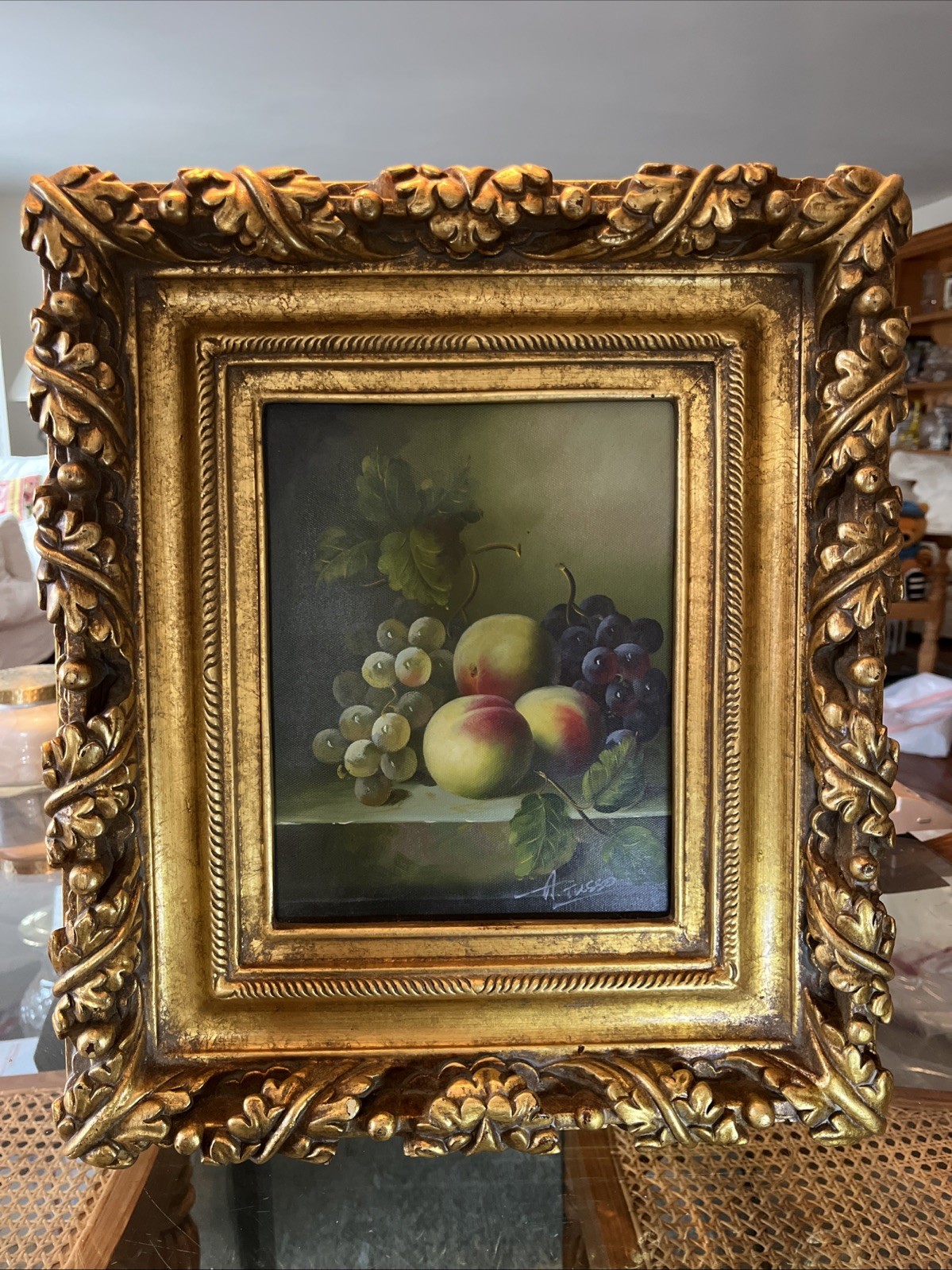 A. Tusso Oil Painting Still Life Peaches and Grapes on Canvas Ornate Frame 15×17