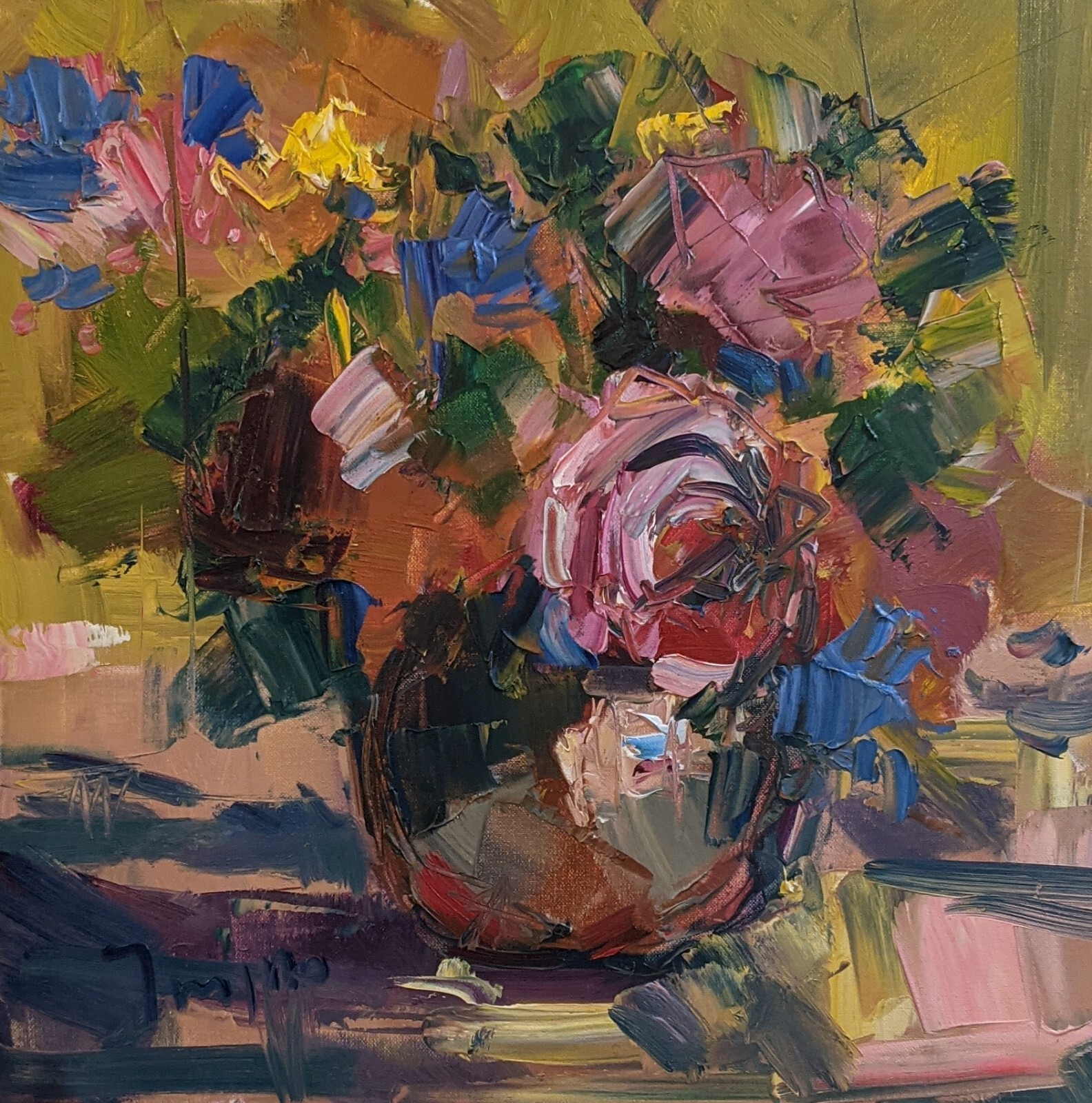 THE COLORS !!!!! 20×20 VASE FLOWER Impressionism Oil Painting JOSE TRUJILLO