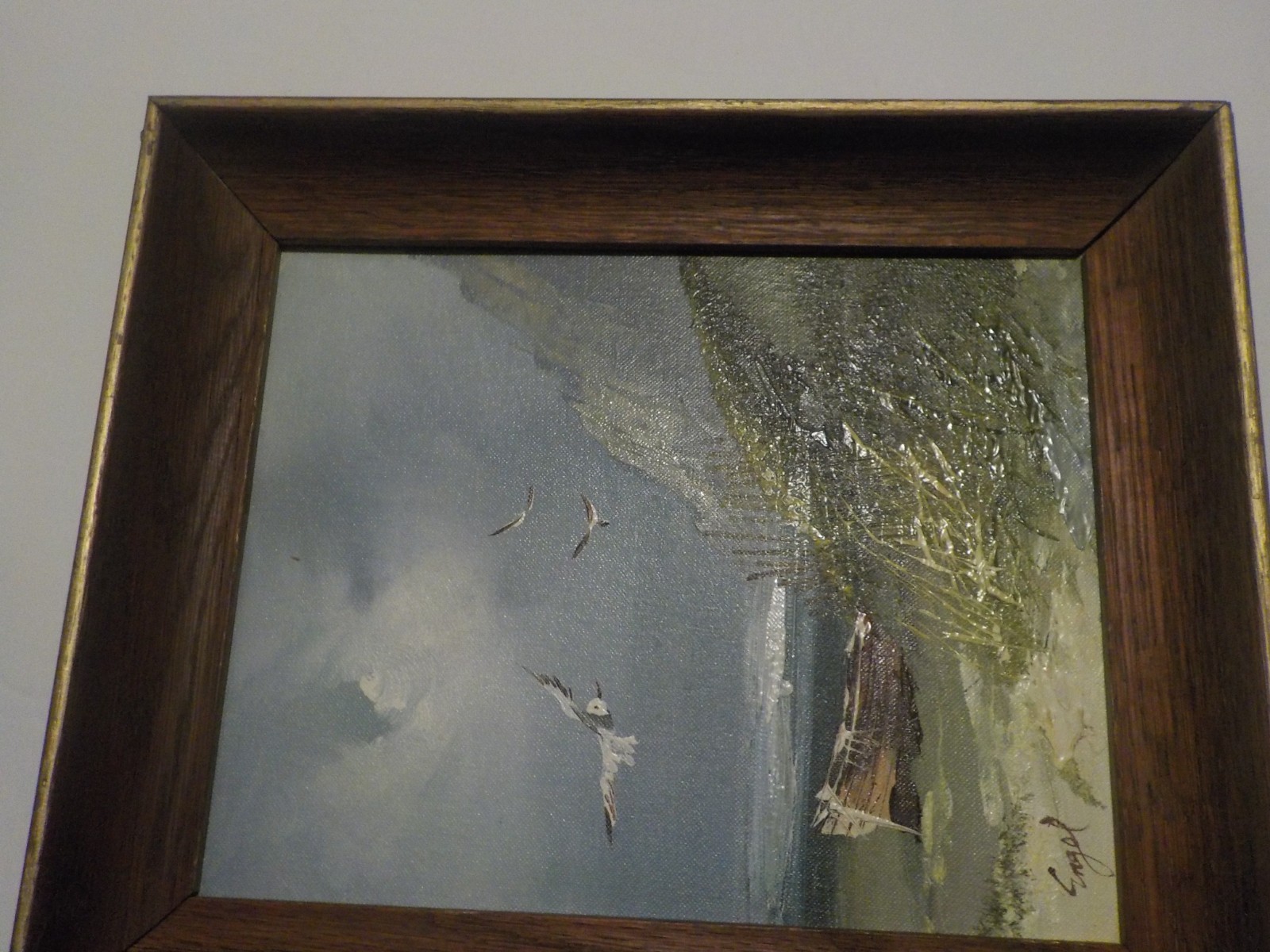 vintage painting by artist Engel Seascape boat 8 by 10 on wood excellent framed