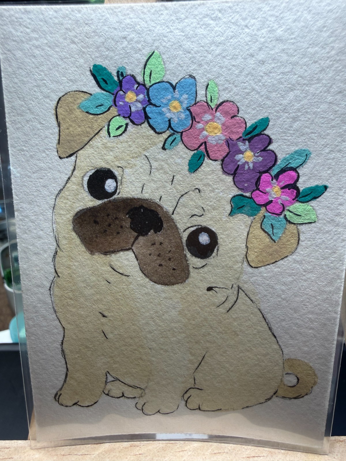 ACEO Original OOAK Signed (Not a Print) «Queen Puggy» Pug Dog Flower Crown Art