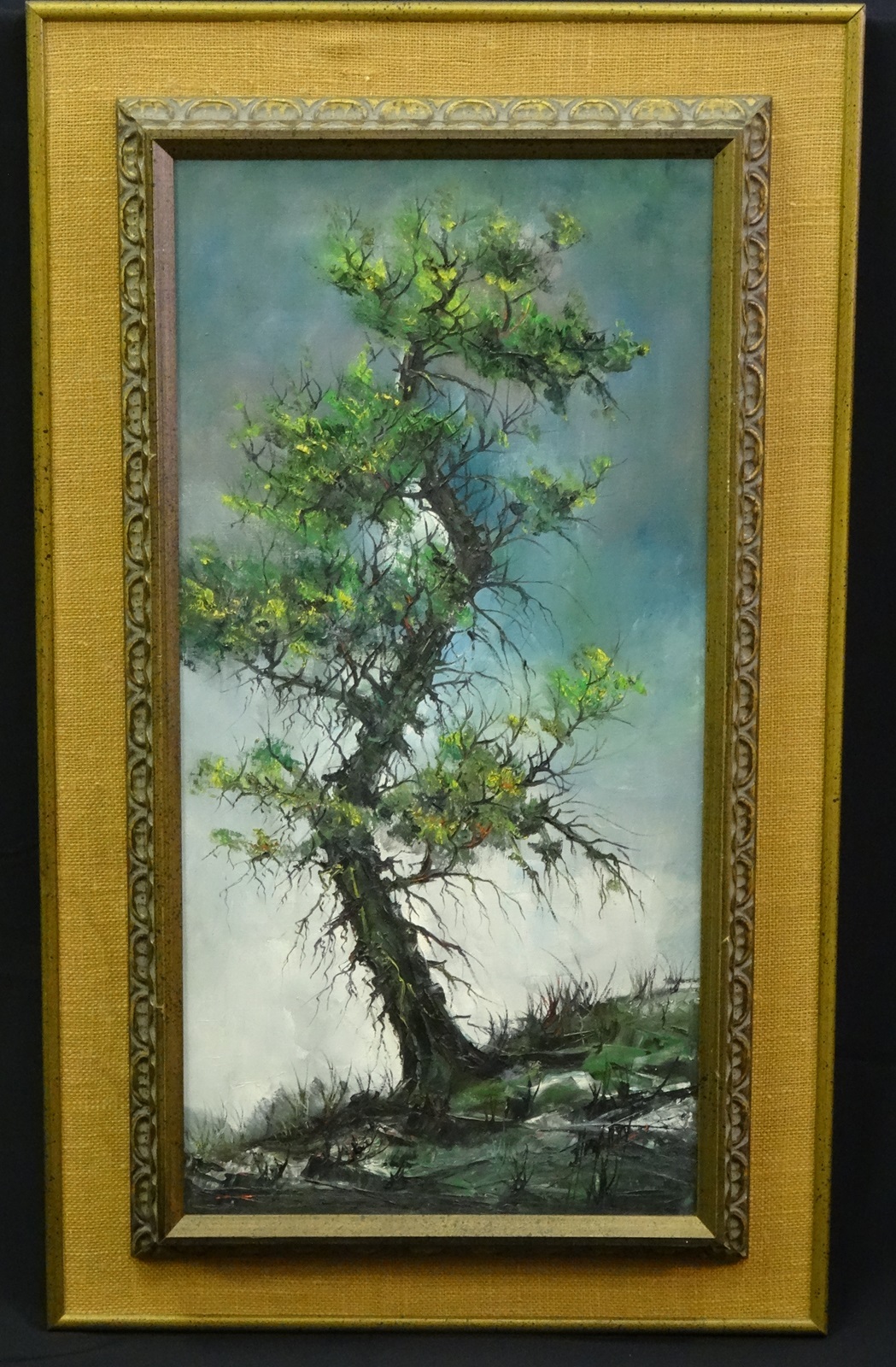 IMPRESSIVE 60’s ILLEGIBLE SIGNED LANDSCAPE PAINTING ~ 14.5″ x 30″