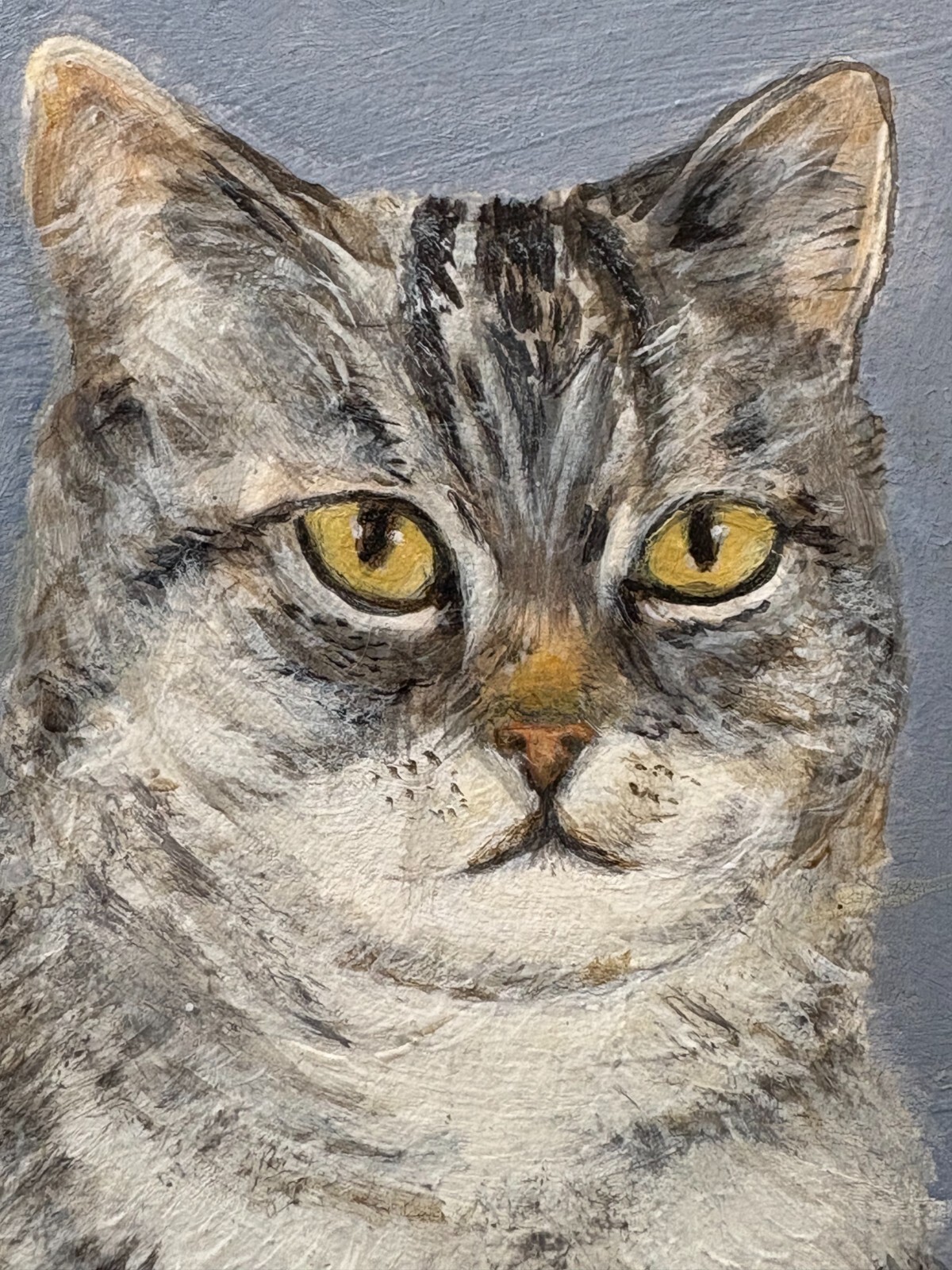 CATHY HAMMERQUIST Framed Original Painting on Canvas «Gray Tabby Cat» 13 x 9″