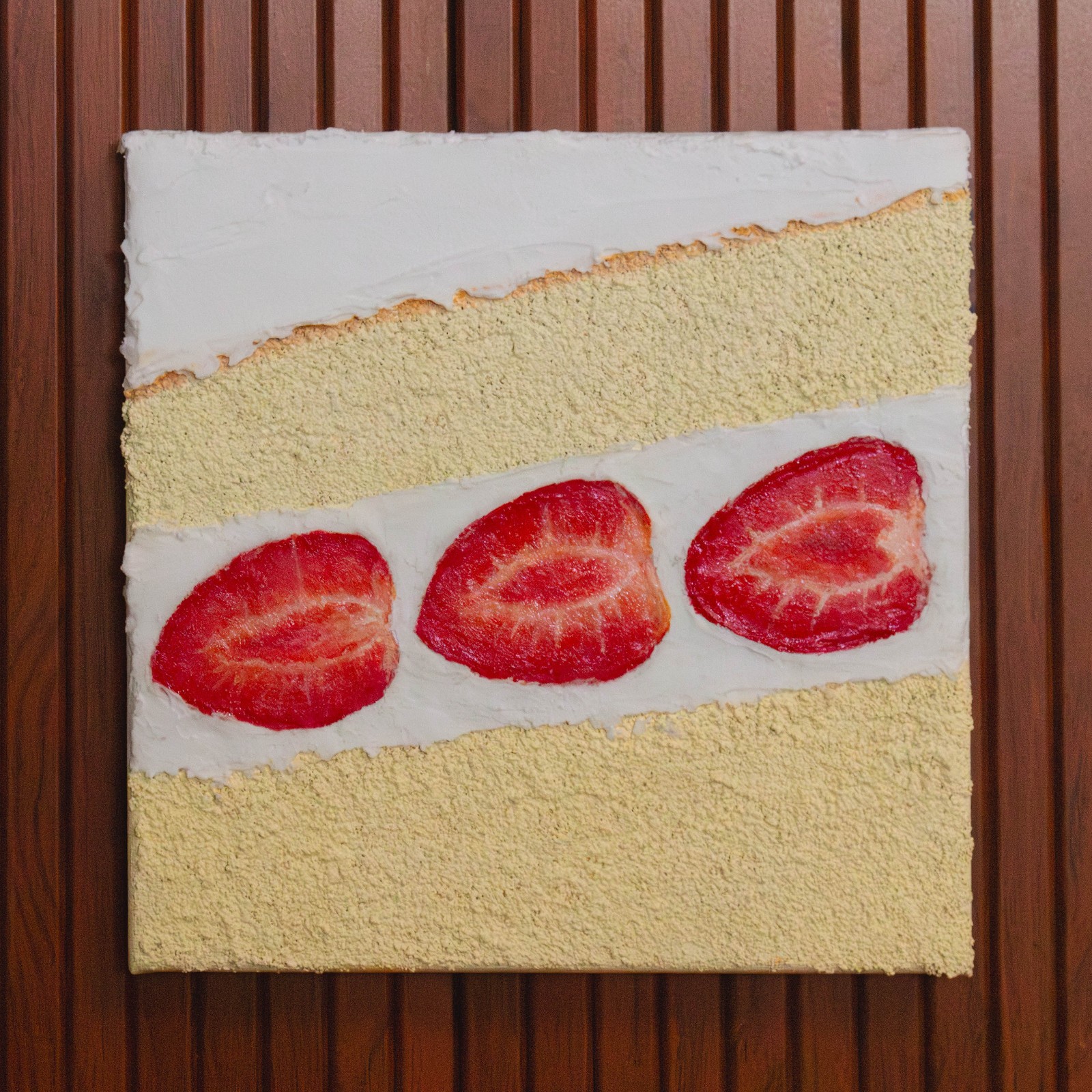 Strawberry Cake Texture Painting, Handmade Fake Food Wall Art Decor Gluecose Art