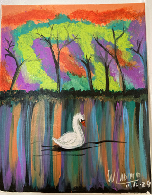 White Swan on Water – Original Acrylic Landscape Painting – Signed Canvas